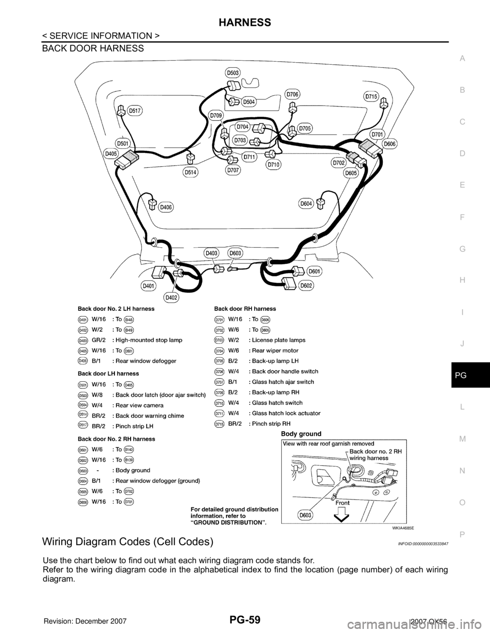 INFINITI QX56 2007  Factory Service Manual HARNESS
PG-59
< SERVICE INFORMATION >
C
D
E
F
G
H
I
J
L
MA
B
PG
N
O
P
BACK DOOR HARNESS
Wiring Diagram Codes (Cell Codes)INFOID:0000000003533847
Use the chart below to find out what each wiring diagra