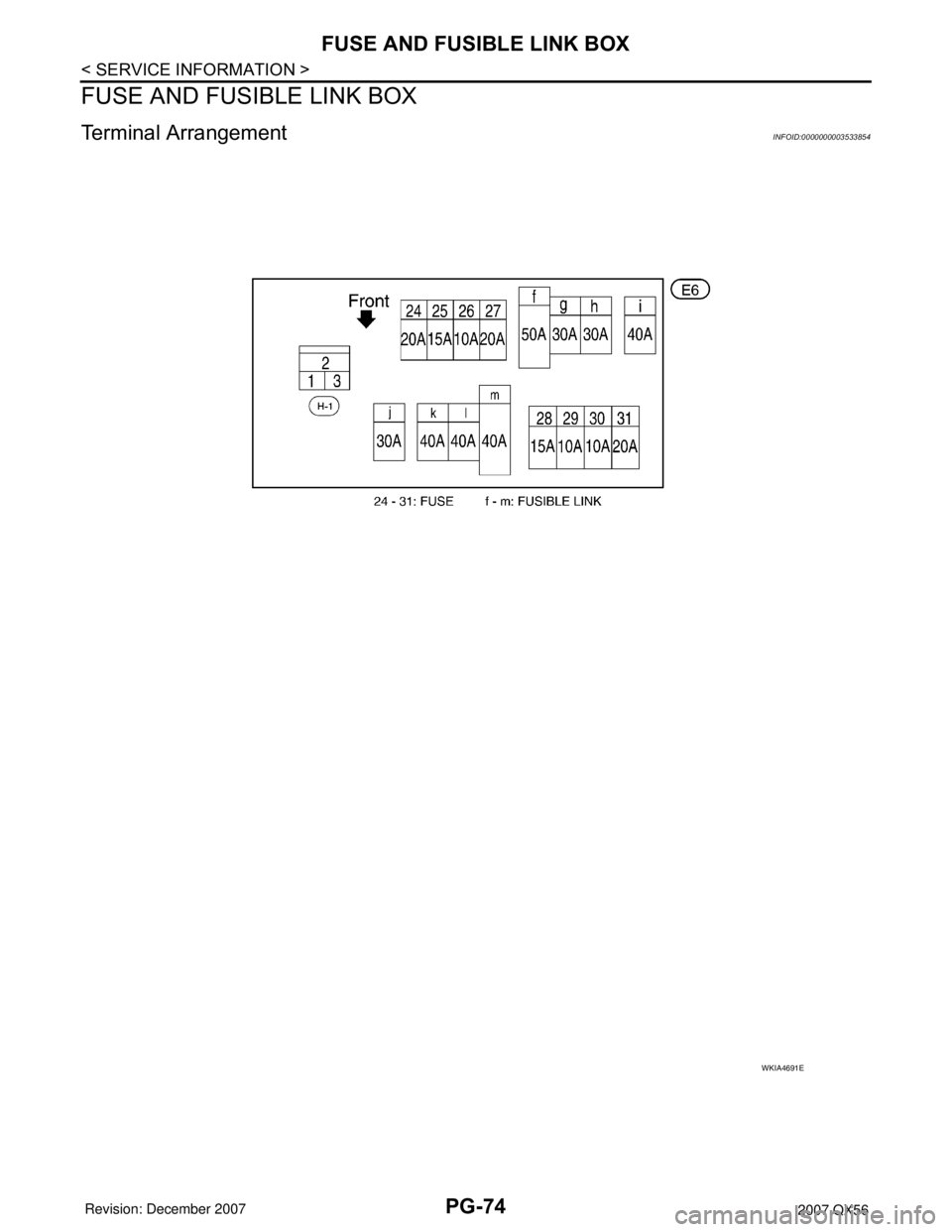 INFINITI QX56 2007  Factory Service Manual PG-74
< SERVICE INFORMATION >
FUSE AND FUSIBLE LINK BOX
FUSE AND FUSIBLE LINK BOX
Terminal ArrangementINFOID:0000000003533854
WKIA4691E 