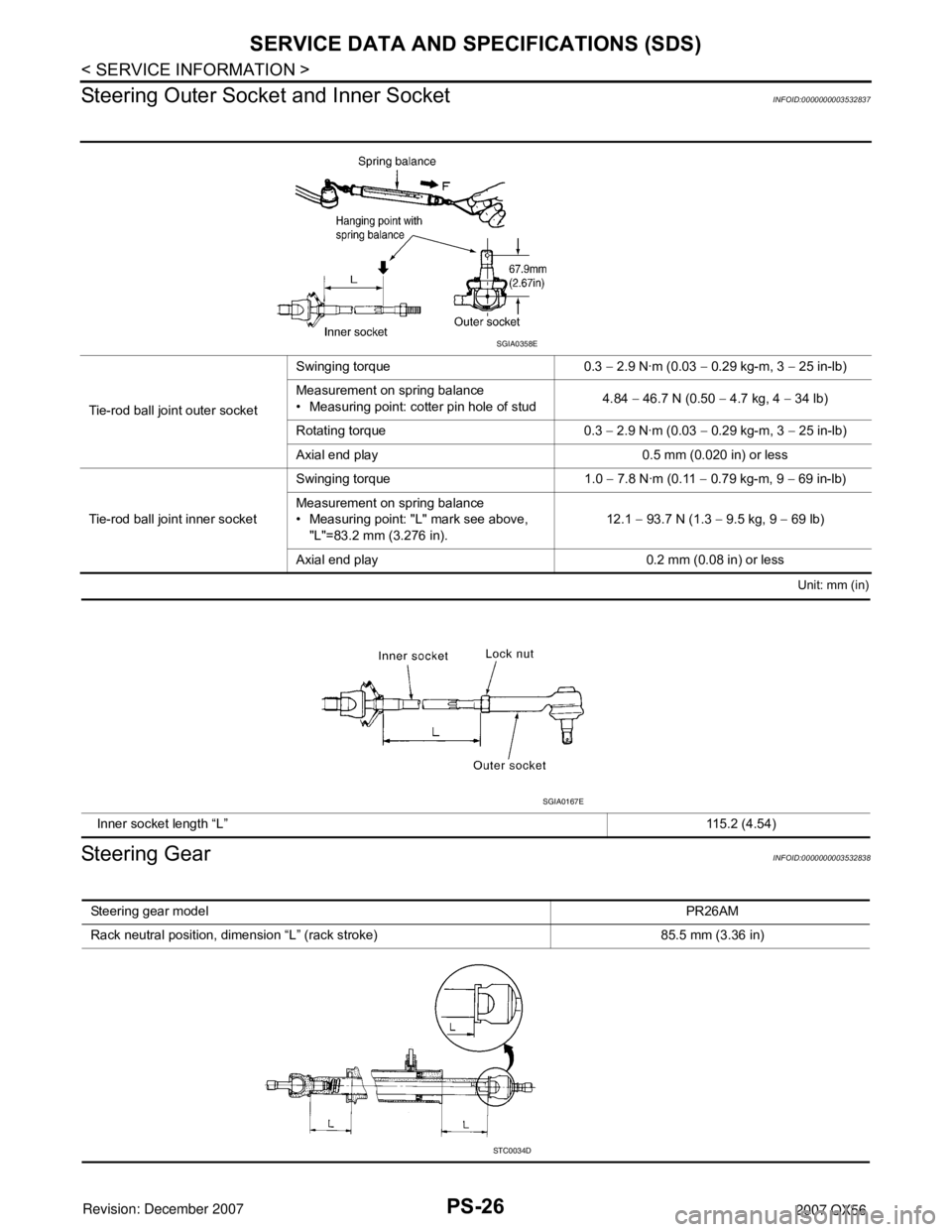 INFINITI QX56 2007  Factory Service Manual PS-26
< SERVICE INFORMATION >
SERVICE DATA AND SPECIFICATIONS (SDS)
Steering Outer Socket and Inner Socket
INFOID:0000000003532837
Unit: mm (in)
Steering GearINFOID:0000000003532838
Tie-rod ball joint
