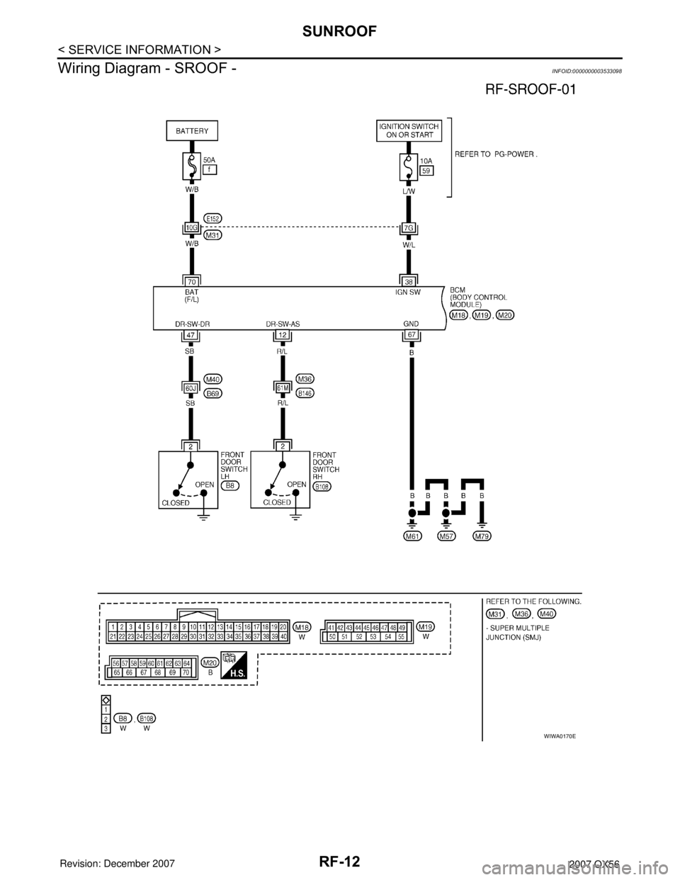 INFINITI QX56 2007  Factory Service Manual RF-12
< SERVICE INFORMATION >
SUNROOF
Wiring Diagram - SROOF -
INFOID:0000000003533098
WIWA0170E 