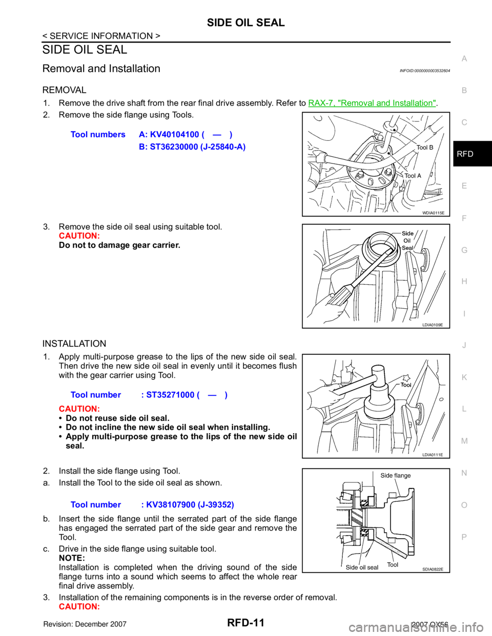 INFINITI QX56 2007  Factory Service Manual SIDE OIL SEAL
RFD-11
< SERVICE INFORMATION >
C
E
F
G
H
I
J
K
L
MA
B
RFD
N
O
P
SIDE OIL SEAL
Removal and InstallationINFOID:0000000003532604
REMOVAL
1. Remove the drive shaft from the rear final drive 