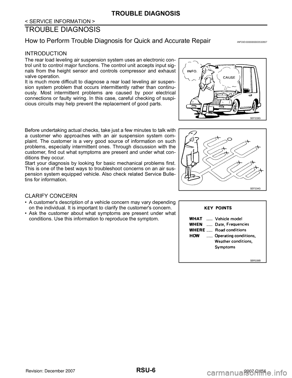 INFINITI QX56 2007  Factory Service Manual RSU-6
< SERVICE INFORMATION >
TROUBLE DIAGNOSIS
TROUBLE DIAGNOSIS
How to Perform Trouble Diagnosis for Quick and Accurate RepairINFOID:0000000003532657
INTRODUCTION
The rear load leveling air suspensi