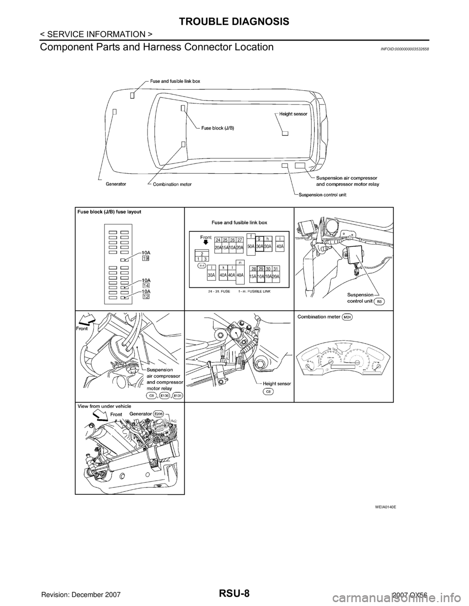 INFINITI QX56 2007  Factory Service Manual RSU-8
< SERVICE INFORMATION >
TROUBLE DIAGNOSIS
Component Parts and Harness Connector Location
INFOID:0000000003532658
WEIA0140E 