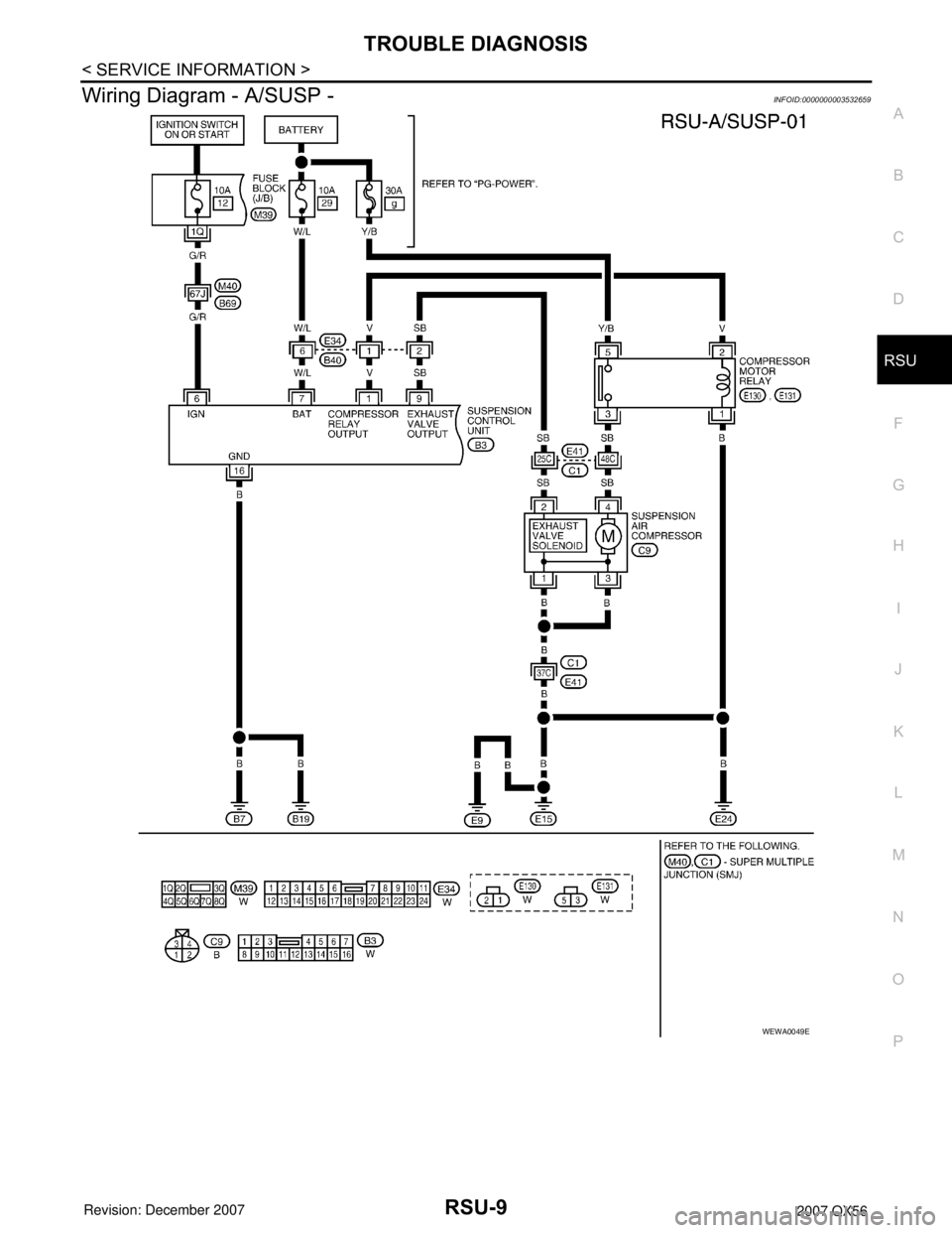 INFINITI QX56 2007  Factory Service Manual TROUBLE DIAGNOSIS
RSU-9
< SERVICE INFORMATION >
C
D
F
G
H
I
J
K
L
MA
B
RSU
N
O
P
Wiring Diagram - A/SUSP -INFOID:0000000003532659
WEWA0049E 