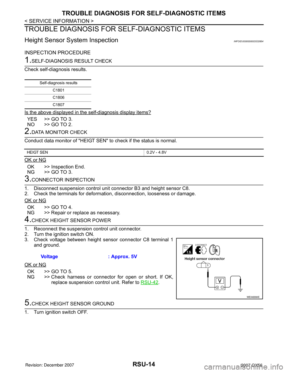 INFINITI QX56 2007  Factory Service Manual RSU-14
< SERVICE INFORMATION >
TROUBLE DIAGNOSIS FOR SELF-DIAGNOSTIC ITEMS
TROUBLE DIAGNOSIS FOR SELF-DIAGNOSTIC ITEMS
Height Sensor System InspectionINFOID:0000000003532664
INSPECTION PROCEDURE
1.SEL