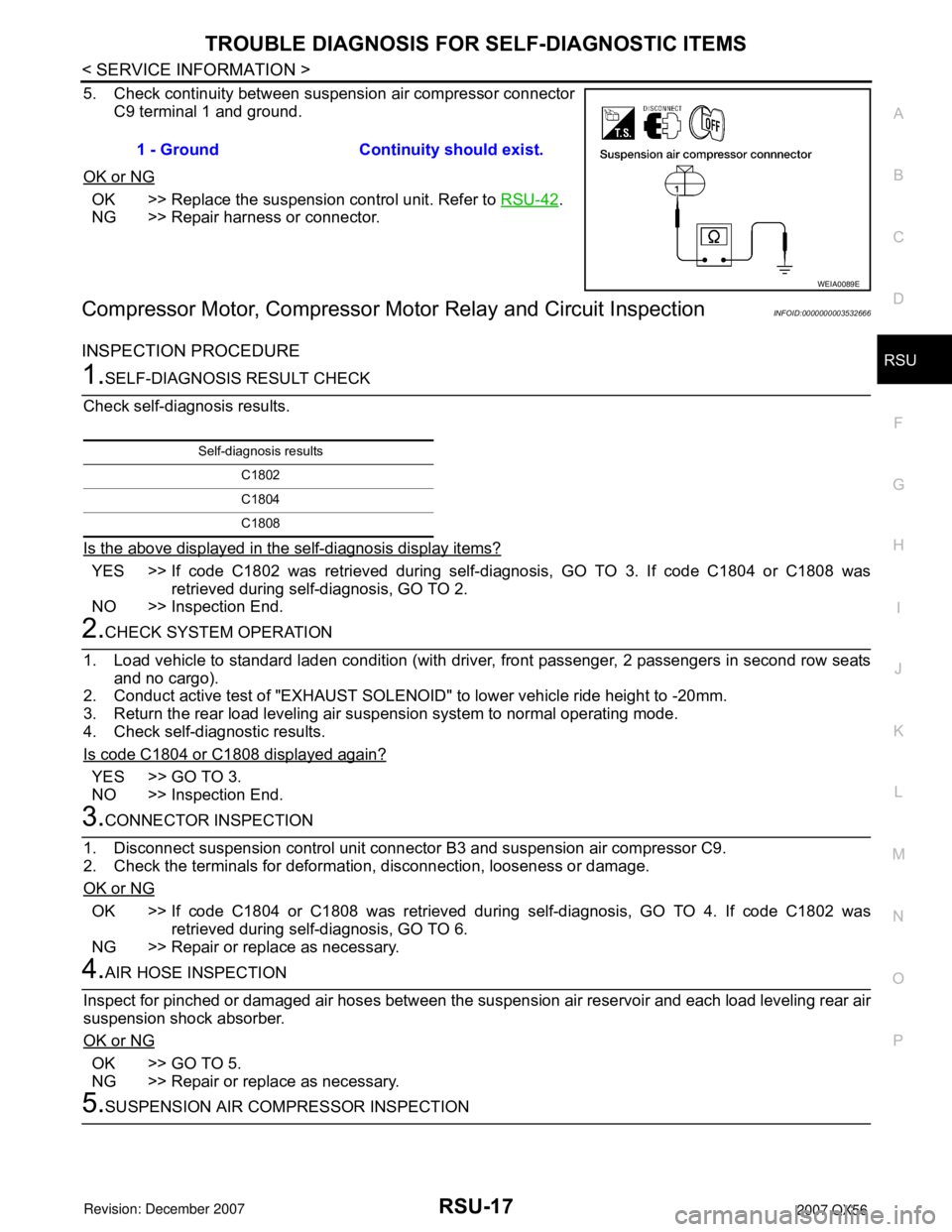 INFINITI QX56 2007  Factory Service Manual TROUBLE DIAGNOSIS FOR SELF-DIAGNOSTIC ITEMS
RSU-17
< SERVICE INFORMATION >
C
D
F
G
H
I
J
K
L
MA
B
RSU
N
O
P
5. Check continuity between suspension air compressor connector
C9 terminal 1 and ground.
OK