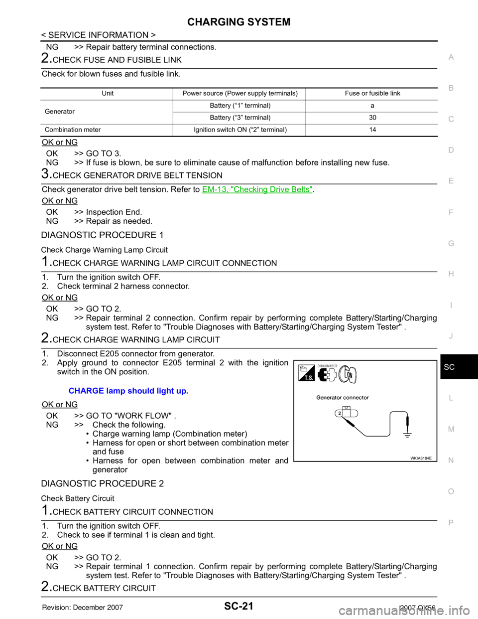 INFINITI QX56 2007 Factory Service Manual CHARGING SYSTEM
SC-21
< SERVICE INFORMATION >
C
D
E
F
G
H
I
J
L
MA
B
SC
N
O
P
NG >> Repair battery terminal connections.
2.CHECK FUSE AND FUSIBLE LINK
Check for blown fuses and fusible link.
OK or NG INFINITI QX56 2007 Factory Service Manual CHARGING SYSTEM
SC-21
< SERVICE INFORMATION >
C
D
E
F
G
H
I
J
L
MA
B
SC
N
O
P
NG >> Repair battery terminal connections.
2.CHECK FUSE AND FUSIBLE LINK
Check for blown fuses and fusible link.
OK or NG