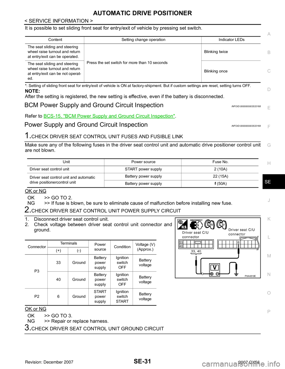 INFINITI QX56 2007  Factory Service Manual AUTOMATIC DRIVE POSITIONER
SE-31
< SERVICE INFORMATION >
C
D
E
F
G
H
J
K
L
MA
B
SE
N
O
P
It is possible to set sliding front seat for entry/exit of vehicle by pressing set switch.
*: Setting of slidin