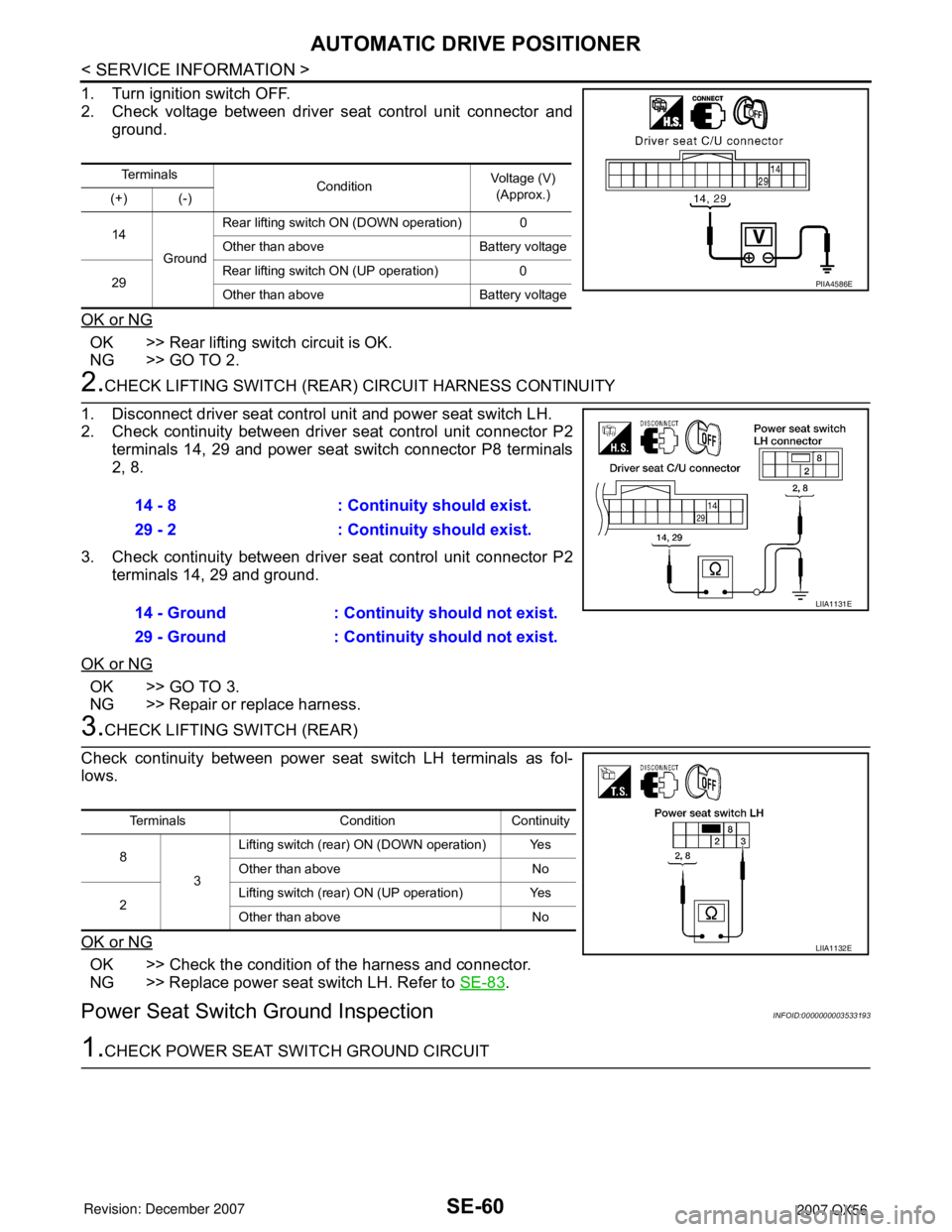 INFINITI QX56 2007  Factory Service Manual SE-60
< SERVICE INFORMATION >
AUTOMATIC DRIVE POSITIONER
1. Turn ignition switch OFF.
2. Check voltage between driver seat control unit connector and
ground.
OK or NG
OK >> Rear lifting switch circuit