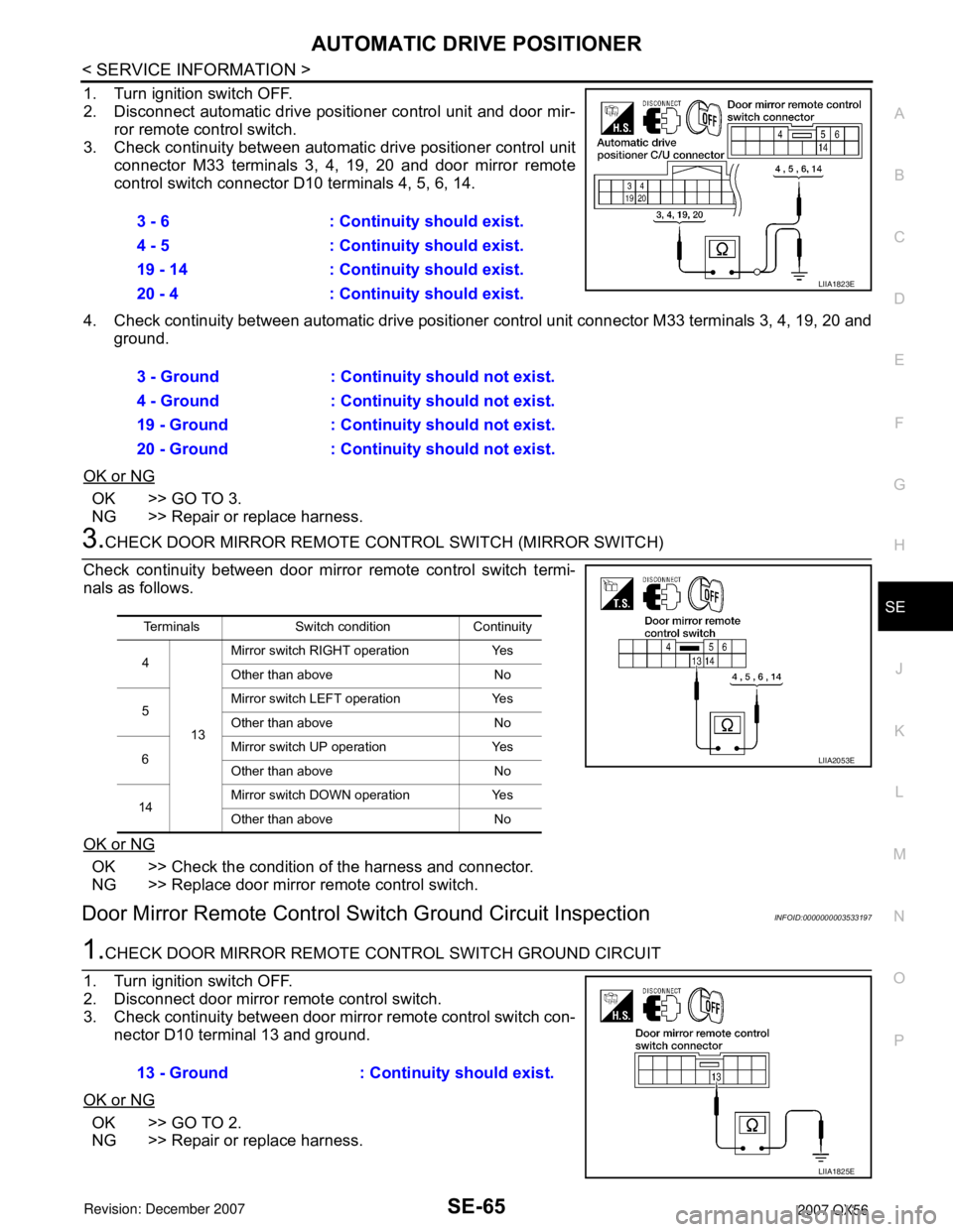 INFINITI QX56 2007 Factory Service Manual AUTOMATIC DRIVE POSITIONER
SE-65
< SERVICE INFORMATION >
C
D
E
F
G
H
J
K
L
MA
B
SE
N
O
P
1. Turn ignition switch OFF.
2. Disconnect automatic drive positioner control unit and door mir-
ror remote con INFINITI QX56 2007 Factory Service Manual AUTOMATIC DRIVE POSITIONER
SE-65
< SERVICE INFORMATION >
C
D
E
F
G
H
J
K
L
MA
B
SE
N
O
P
1. Turn ignition switch OFF.
2. Disconnect automatic drive positioner control unit and door mir-
ror remote con
