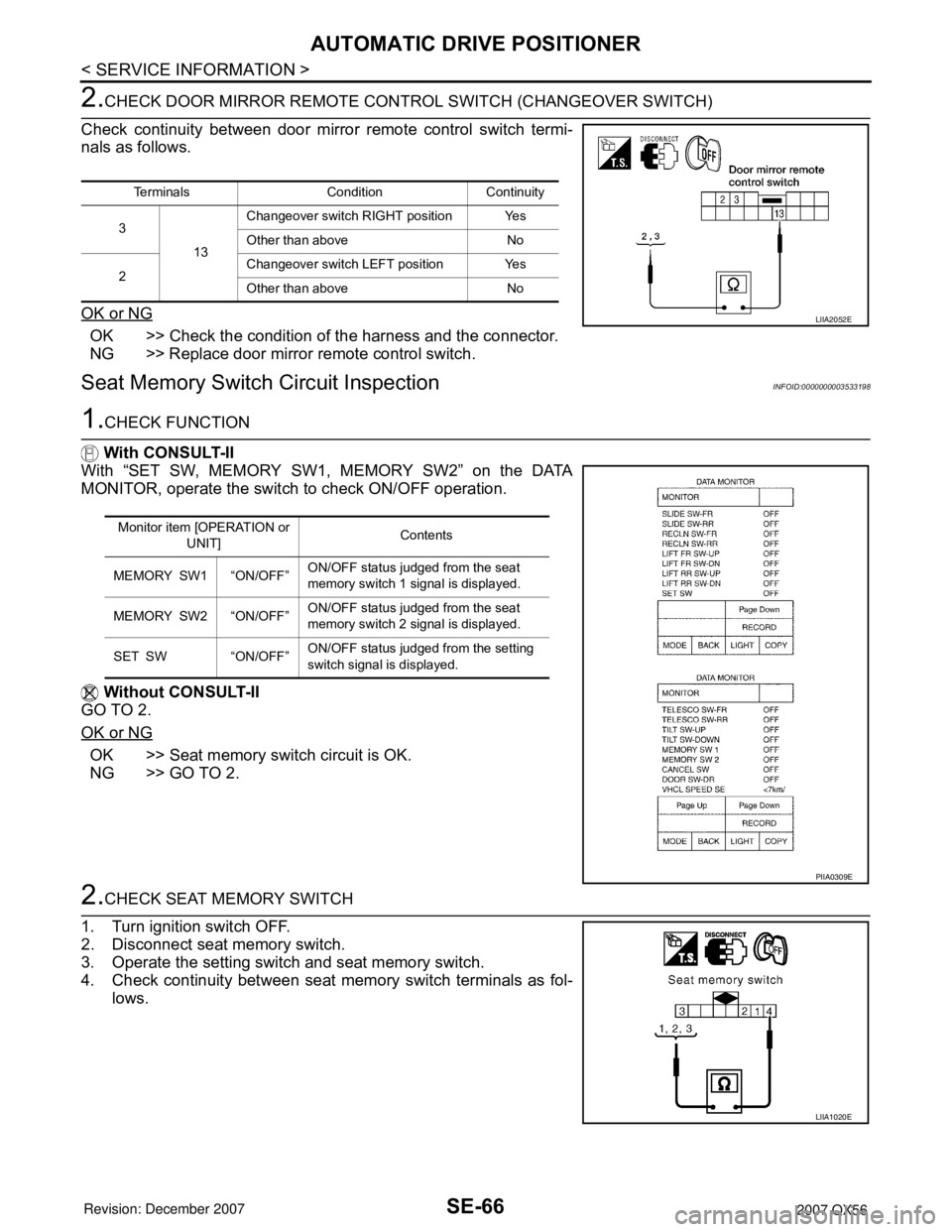INFINITI QX56 2007 Factory Service Manual SE-66
< SERVICE INFORMATION >
AUTOMATIC DRIVE POSITIONER
2.CHECK DOOR MIRROR REMOTE CONTROL SWITCH (CHANGEOVER SWITCH)
Check continuity between door mirror remote control switch termi-
nals as follow INFINITI QX56 2007 Factory Service Manual SE-66
< SERVICE INFORMATION >
AUTOMATIC DRIVE POSITIONER
2.CHECK DOOR MIRROR REMOTE CONTROL SWITCH (CHANGEOVER SWITCH)
Check continuity between door mirror remote control switch termi-
nals as follow