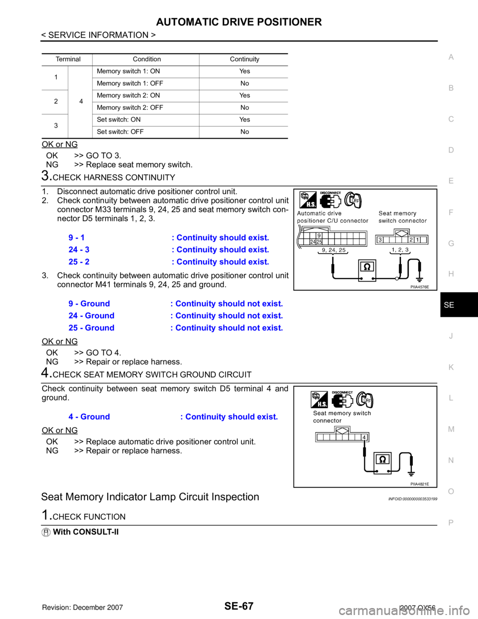 INFINITI QX56 2007 Factory Service Manual AUTOMATIC DRIVE POSITIONER
SE-67
< SERVICE INFORMATION >
C
D
E
F
G
H
J
K
L
MA
B
SE
N
O
P
OK or NG
OK >> GO TO 3.
NG >> Replace seat memory switch.
3.CHECK HARNESS CONTINUITY
1. Disconnect automatic dr INFINITI QX56 2007 Factory Service Manual AUTOMATIC DRIVE POSITIONER
SE-67
< SERVICE INFORMATION >
C
D
E
F
G
H
J
K
L
MA
B
SE
N
O
P
OK or NG
OK >> GO TO 3.
NG >> Replace seat memory switch.
3.CHECK HARNESS CONTINUITY
1. Disconnect automatic dr