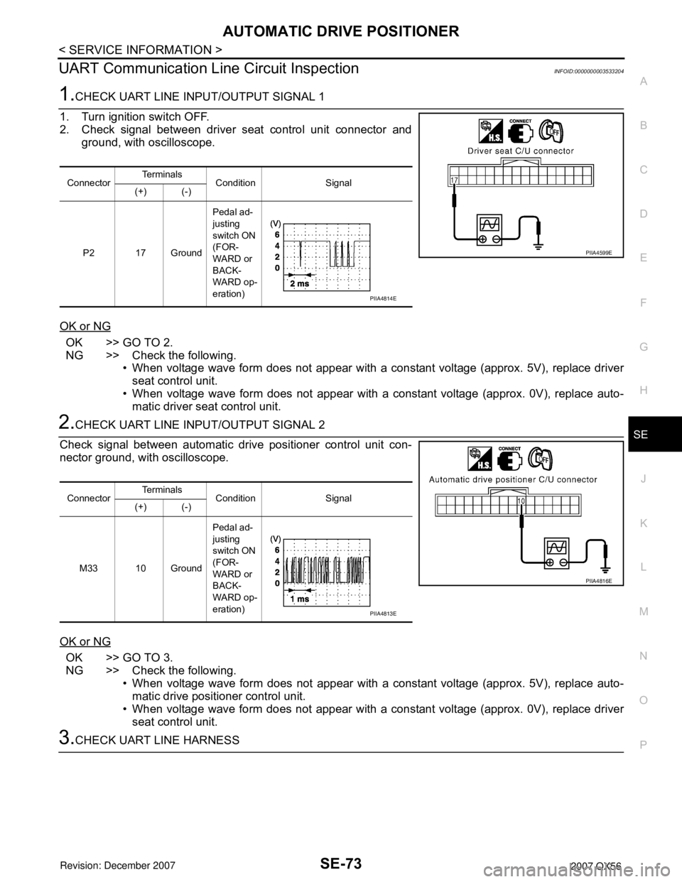 INFINITI QX56 2007 Factory Service Manual AUTOMATIC DRIVE POSITIONER
SE-73
< SERVICE INFORMATION >
C
D
E
F
G
H
J
K
L
MA
B
SE
N
O
P
UART Communication Line Circuit InspectionINFOID:0000000003533204
1.CHECK UART LINE INPUT/OUTPUT SIGNAL 1
1. Tu INFINITI QX56 2007 Factory Service Manual AUTOMATIC DRIVE POSITIONER
SE-73
< SERVICE INFORMATION >
C
D
E
F
G
H
J
K
L
MA
B
SE
N
O
P
UART Communication Line Circuit InspectionINFOID:0000000003533204
1.CHECK UART LINE INPUT/OUTPUT SIGNAL 1
1. Tu