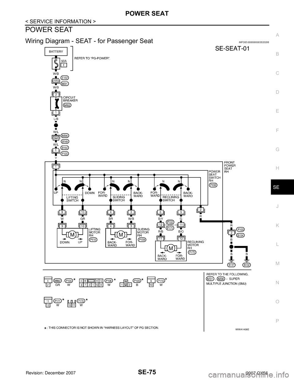 INFINITI QX56 2007  Factory Service Manual POWER SEAT
SE-75
< SERVICE INFORMATION >
C
D
E
F
G
H
J
K
L
MA
B
SE
N
O
P
POWER SEAT
Wiring Diagram - SEAT - for Passenger SeatINFOID:0000000003533206
WIWA1406E 