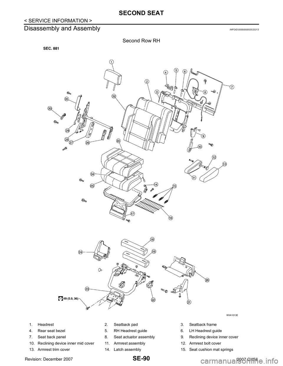 INFINITI QX56 2007  Factory Service Manual SE-90
< SERVICE INFORMATION >
SECOND SEAT
Disassembly and Assembly
INFOID:0000000003533213
Second Row RH
WIIA1013E
1. Headrest  2. Seatback pad 3. Seatback frame
4. Rear seat bezel 5. RH Headrest guid