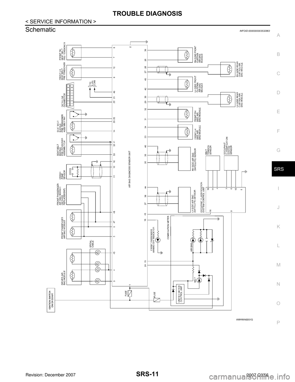 INFINITI QX56 2007  Factory Service Manual TROUBLE DIAGNOSIS
SRS-11
< SERVICE INFORMATION >
C
D
E
F
G
I
J
K
L
MA
B
SRS
N
O
P
SchematicINFOID:0000000003532863
AWHWA0051G 