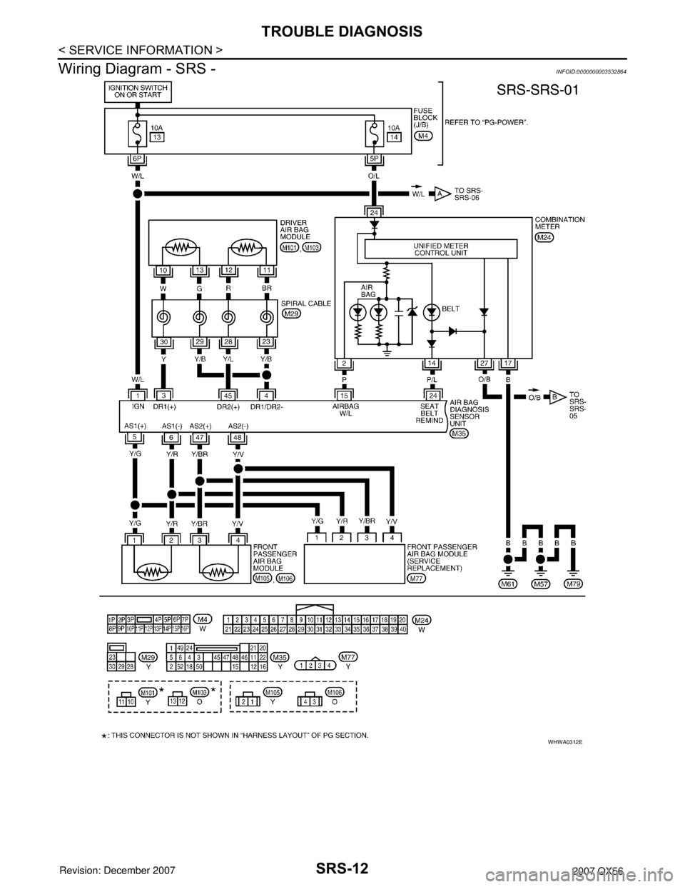 INFINITI QX56 2007  Factory Service Manual SRS-12
< SERVICE INFORMATION >
TROUBLE DIAGNOSIS
Wiring Diagram - SRS -
INFOID:0000000003532864
WHWA0312E 