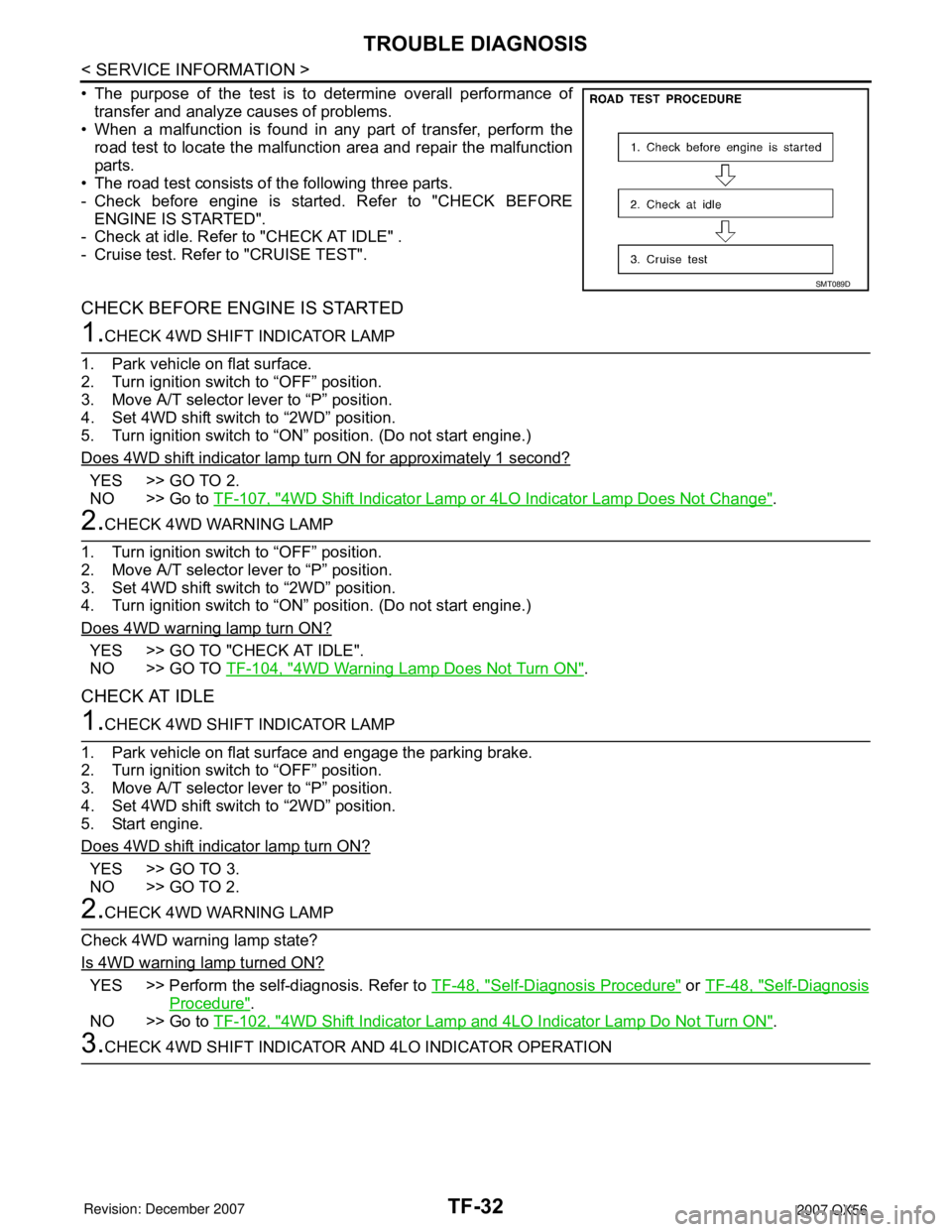 INFINITI QX56 2007 Factory Service Manual TF-32
< SERVICE INFORMATION >
TROUBLE DIAGNOSIS
• The purpose of the test is to determine overall performance of
transfer and analyze causes of problems.
• When a malfunction is found in any part INFINITI QX56 2007 Factory Service Manual TF-32
< SERVICE INFORMATION >
TROUBLE DIAGNOSIS
• The purpose of the test is to determine overall performance of
transfer and analyze causes of problems.
• When a malfunction is found in any part