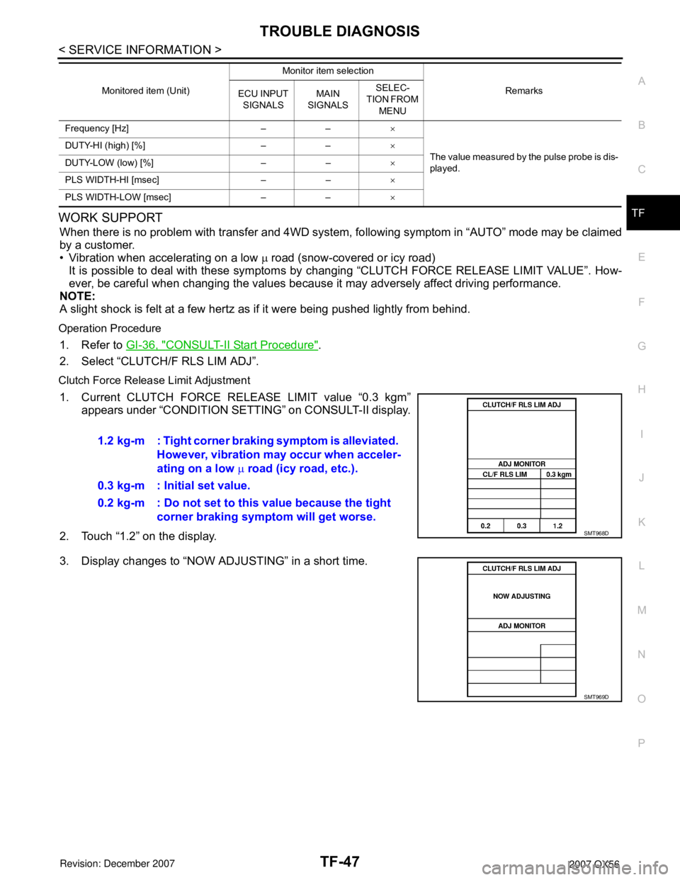 INFINITI QX56 2007  Factory Service Manual TROUBLE DIAGNOSIS
TF-47
< SERVICE INFORMATION >
C
E
F
G
H
I
J
K
L
MA
B
TF
N
O
PWORK SUPPORT
When there is no problem with transfer and 4WD system, following symptom in “AUTO” mode may be claimed
b