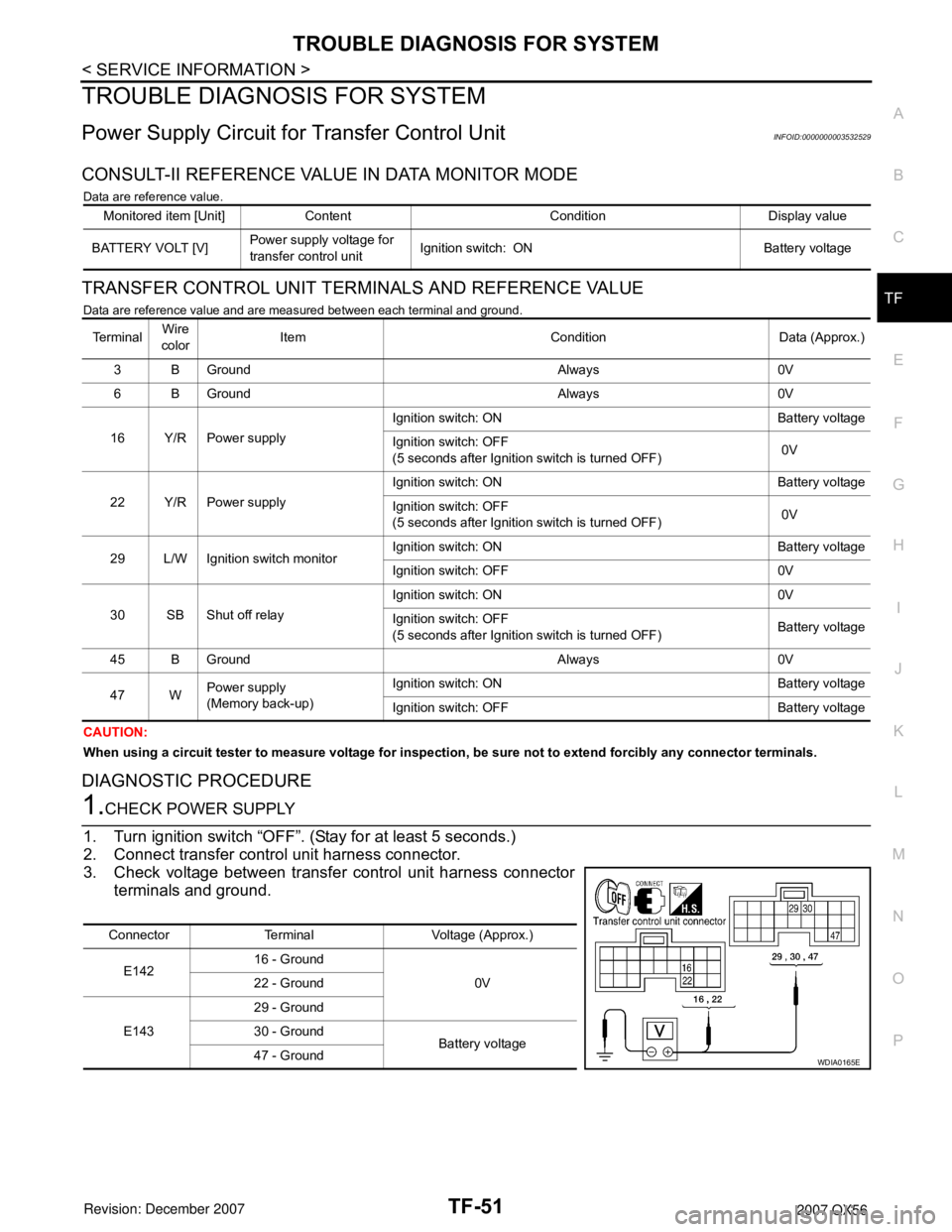 INFINITI QX56 2007 Factory Service Manual TROUBLE DIAGNOSIS FOR SYSTEM
TF-51
< SERVICE INFORMATION >
C
E
F
G
H
I
J
K
L
MA
B
TF
N
O
P
TROUBLE DIAGNOSIS FOR SYSTEM
Power Supply Circuit for Transfer Control UnitINFOID:0000000003532529
CONSULT-II INFINITI QX56 2007 Factory Service Manual TROUBLE DIAGNOSIS FOR SYSTEM
TF-51
< SERVICE INFORMATION >
C
E
F
G
H
I
J
K
L
MA
B
TF
N
O
P
TROUBLE DIAGNOSIS FOR SYSTEM
Power Supply Circuit for Transfer Control UnitINFOID:0000000003532529
CONSULT-II