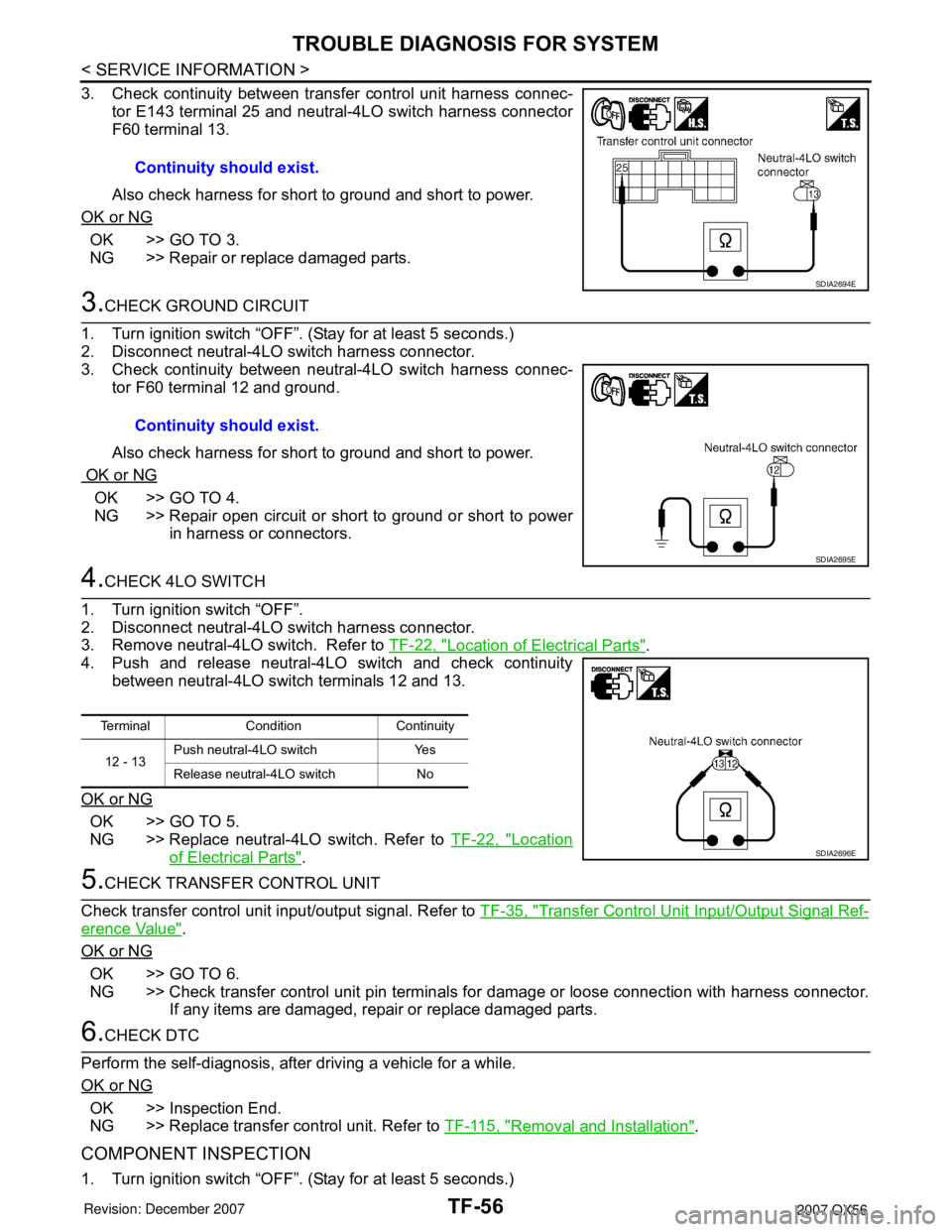 INFINITI QX56 2007 Factory Service Manual TF-56
< SERVICE INFORMATION >
TROUBLE DIAGNOSIS FOR SYSTEM
3. Check continuity between transfer control unit harness connec-
tor E143 terminal 25 and neutral-4LO switch harness connector
F60 terminal INFINITI QX56 2007 Factory Service Manual TF-56
< SERVICE INFORMATION >
TROUBLE DIAGNOSIS FOR SYSTEM
3. Check continuity between transfer control unit harness connec-
tor E143 terminal 25 and neutral-4LO switch harness connector
F60 terminal