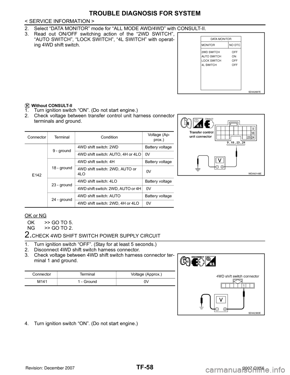 INFINITI QX56 2007 Factory Service Manual TF-58
< SERVICE INFORMATION >
TROUBLE DIAGNOSIS FOR SYSTEM
2. Select “DATA MONITOR” mode for “ALL MODE AWD/4WD” with CONSULT-II.
3. Read out ON/OFF switching action of the “2WD SWITCH”,
INFINITI QX56 2007 Factory Service Manual TF-58
< SERVICE INFORMATION >
TROUBLE DIAGNOSIS FOR SYSTEM
2. Select “DATA MONITOR” mode for “ALL MODE AWD/4WD” with CONSULT-II.
3. Read out ON/OFF switching action of the “2WD SWITCH”,