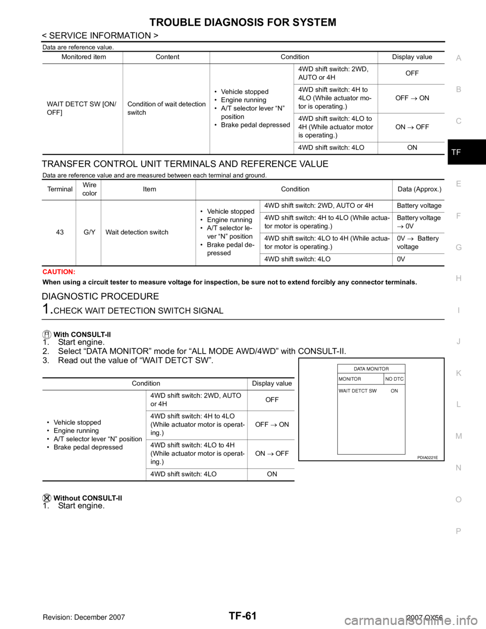 INFINITI QX56 2007  Factory Service Manual TROUBLE DIAGNOSIS FOR SYSTEM
TF-61
< SERVICE INFORMATION >
C
E
F
G
H
I
J
K
L
MA
B
TF
N
O
P
Data are reference value.
TRANSFER CONTROL UNIT TERMINALS AND REFERENCE VALUE
Data are reference value and ar