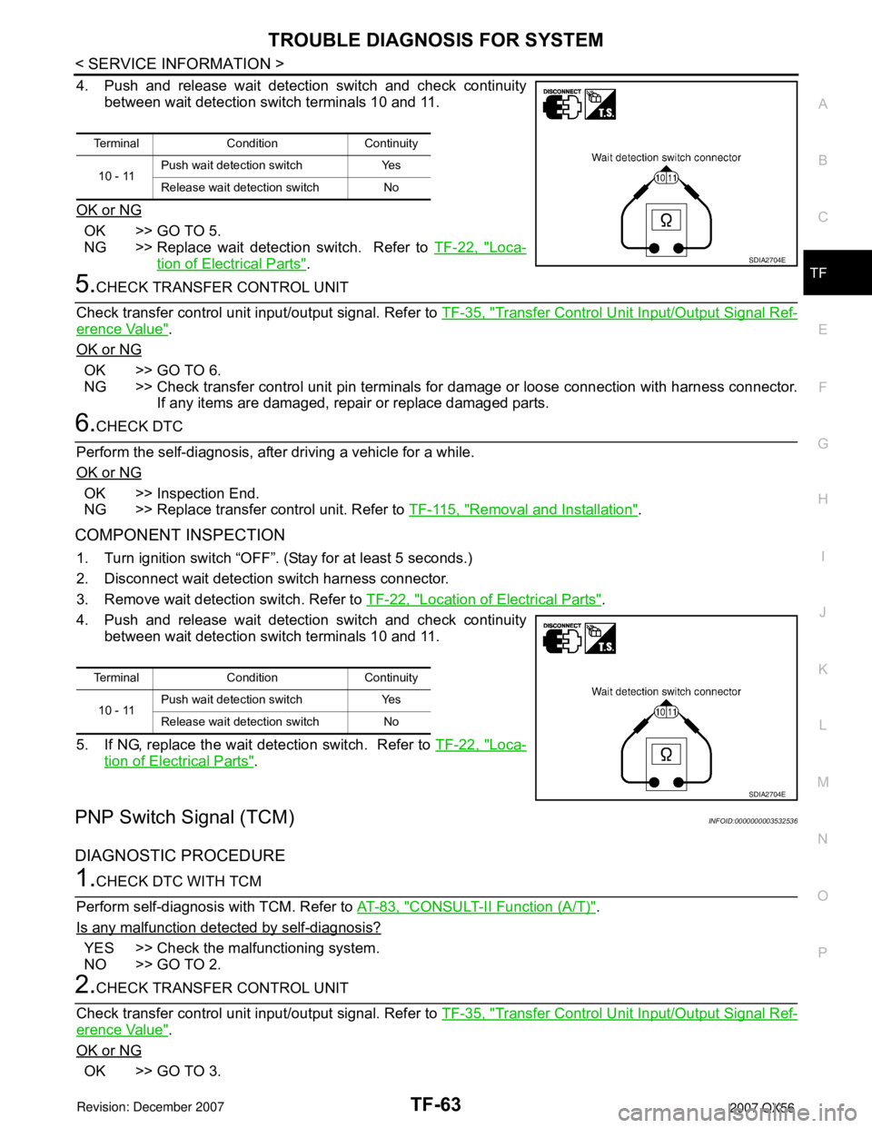 INFINITI QX56 2007  Factory Service Manual TROUBLE DIAGNOSIS FOR SYSTEM
TF-63
< SERVICE INFORMATION >
C
E
F
G
H
I
J
K
L
MA
B
TF
N
O
P
4. Push and release wait detection switch and check continuity
between wait detection switch terminals 10 and