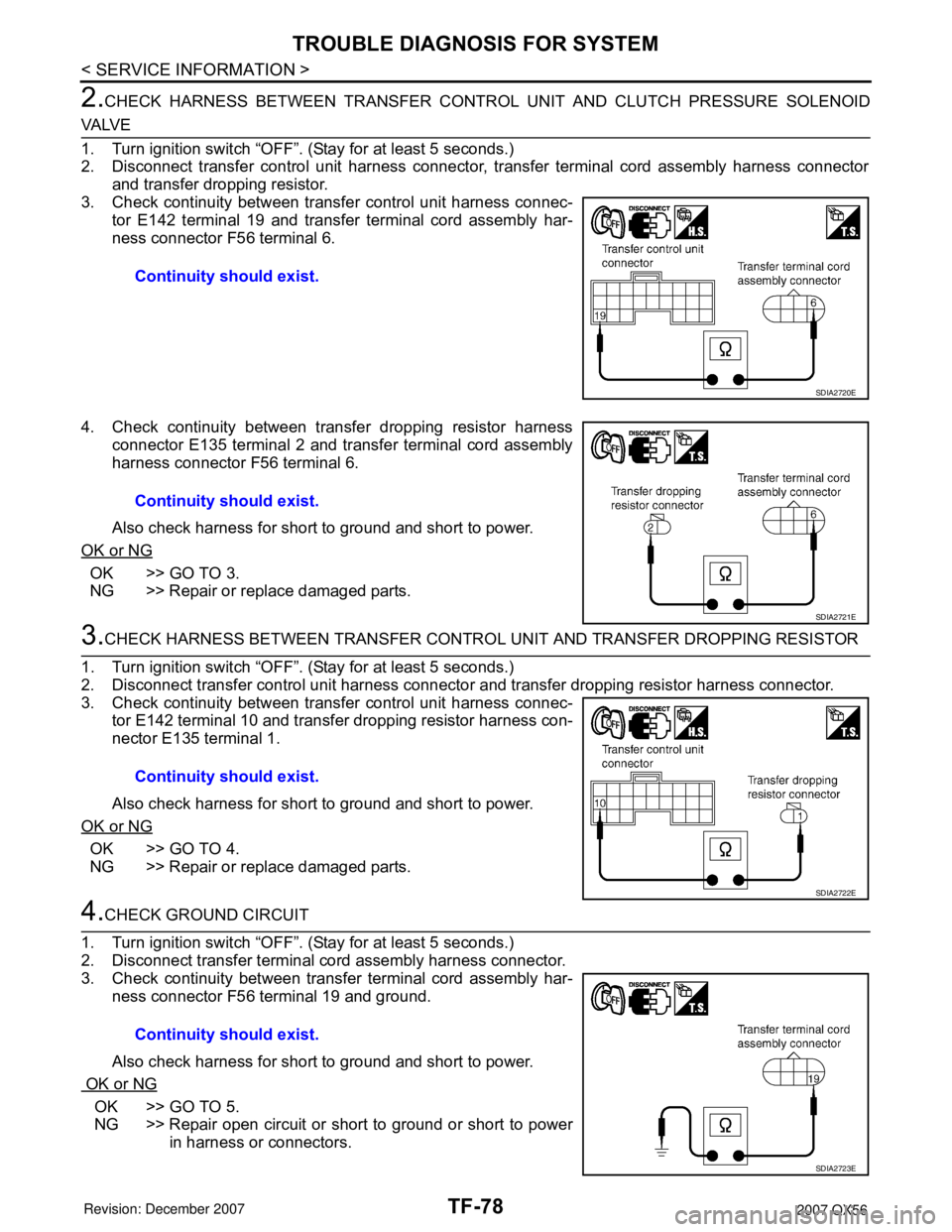 INFINITI QX56 2007  Factory Service Manual TF-78
< SERVICE INFORMATION >
TROUBLE DIAGNOSIS FOR SYSTEM
2.CHECK HARNESS BETWEEN TRANSFER CONTROL UNIT AND CLUTCH PRESSURE SOLENOID
VA LV E
1. Turn ignition switch “OFF”. (Stay for at least 5 se