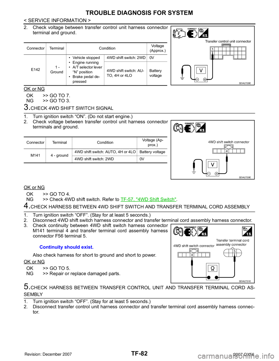 INFINITI QX56 2007  Factory Service Manual TF-82
< SERVICE INFORMATION >
TROUBLE DIAGNOSIS FOR SYSTEM
2. Check voltage between transfer control unit harness connector
terminal and ground.
OK or NG
OK  >> GO TO 7.
NG >> GO TO 3.
3.CHECK 4WD SHI
