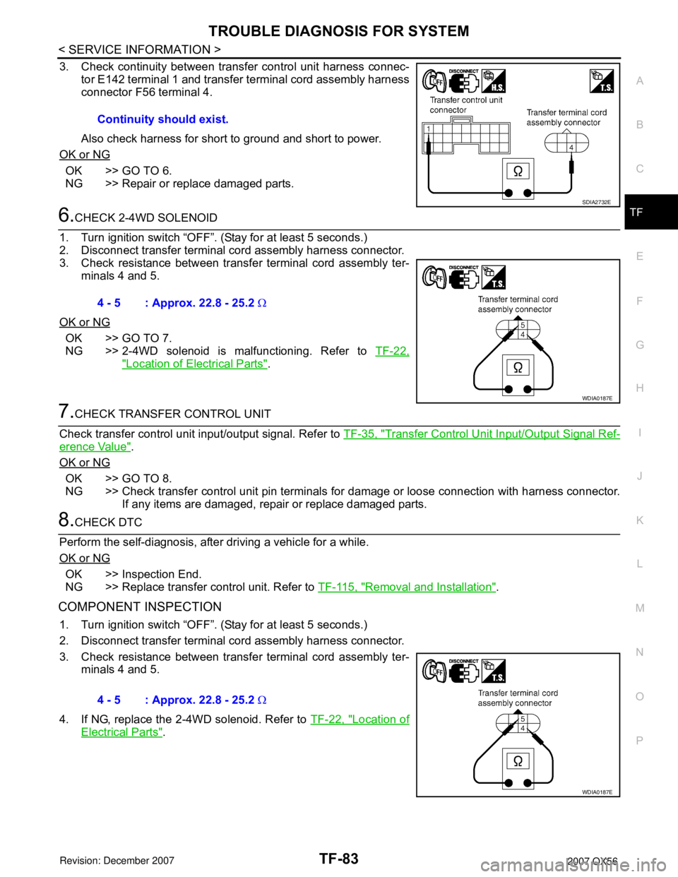 INFINITI QX56 2007 Factory Service Manual TROUBLE DIAGNOSIS FOR SYSTEM
TF-83
< SERVICE INFORMATION >
C
E
F
G
H
I
J
K
L
MA
B
TF
N
O
P
3. Check continuity between transfer control unit harness connec-
tor E142 terminal 1 and transfer terminal c INFINITI QX56 2007 Factory Service Manual TROUBLE DIAGNOSIS FOR SYSTEM
TF-83
< SERVICE INFORMATION >
C
E
F
G
H
I
J
K
L
MA
B
TF
N
O
P
3. Check continuity between transfer control unit harness connec-
tor E142 terminal 1 and transfer terminal c