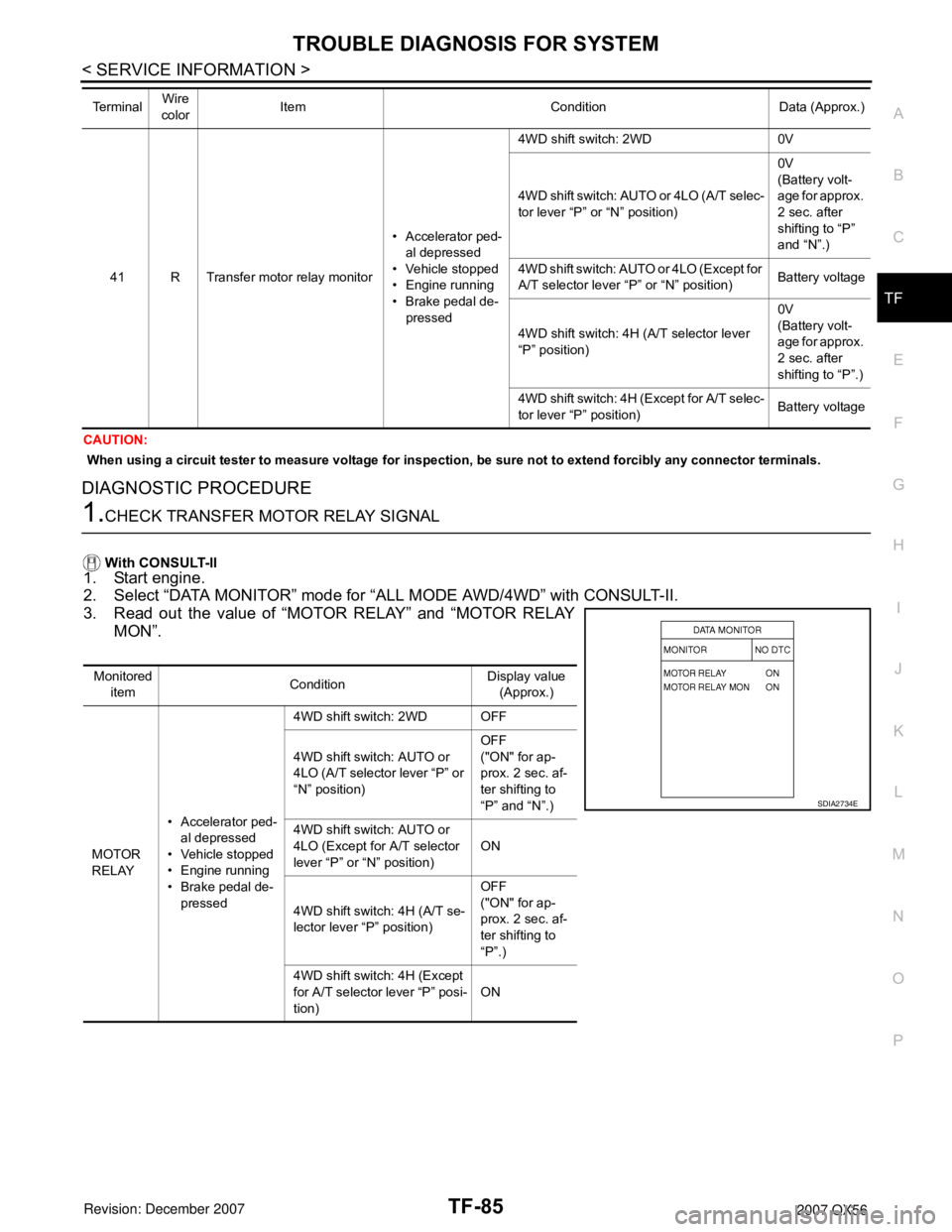 INFINITI QX56 2007 Factory Service Manual TROUBLE DIAGNOSIS FOR SYSTEM
TF-85
< SERVICE INFORMATION >
C
E
F
G
H
I
J
K
L
MA
B
TF
N
O
P
CAUTION:
When using a circuit tester to measure voltage for inspection, be sure not to extend forcibly any c INFINITI QX56 2007 Factory Service Manual TROUBLE DIAGNOSIS FOR SYSTEM
TF-85
< SERVICE INFORMATION >
C
E
F
G
H
I
J
K
L
MA
B
TF
N
O
P
CAUTION:
When using a circuit tester to measure voltage for inspection, be sure not to extend forcibly any c