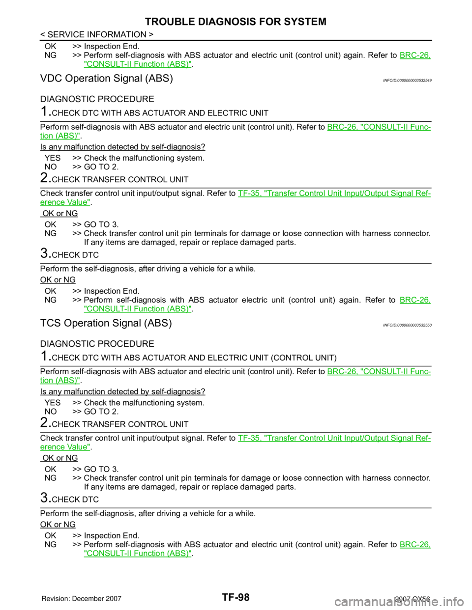 INFINITI QX56 2007 Factory Service Manual TF-98
< SERVICE INFORMATION >
TROUBLE DIAGNOSIS FOR SYSTEM
OK >> Inspection End.
NG >> Perform self-diagnosis with ABS actuator and electric unit (control unit) again. Refer to BRC-26,
"CONSULT-II Fun INFINITI QX56 2007 Factory Service Manual TF-98
< SERVICE INFORMATION >
TROUBLE DIAGNOSIS FOR SYSTEM
OK >> Inspection End.
NG >> Perform self-diagnosis with ABS actuator and electric unit (control unit) again. Refer to BRC-26,
"CONSULT-II Fun
