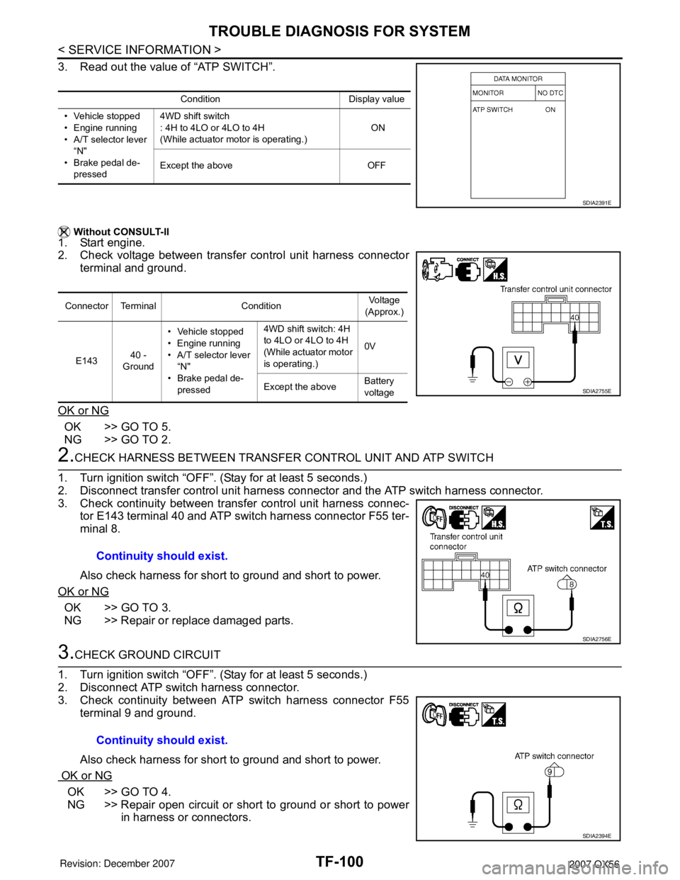 INFINITI QX56 2007 Factory Service Manual TF-100
< SERVICE INFORMATION >
TROUBLE DIAGNOSIS FOR SYSTEM
3. Read out the value of “ATP SWITCH”.
Without CONSULT-II
1. Start engine.
2. Check voltage between transfer control unit harness conne INFINITI QX56 2007 Factory Service Manual TF-100
< SERVICE INFORMATION >
TROUBLE DIAGNOSIS FOR SYSTEM
3. Read out the value of “ATP SWITCH”.
Without CONSULT-II
1. Start engine.
2. Check voltage between transfer control unit harness conne