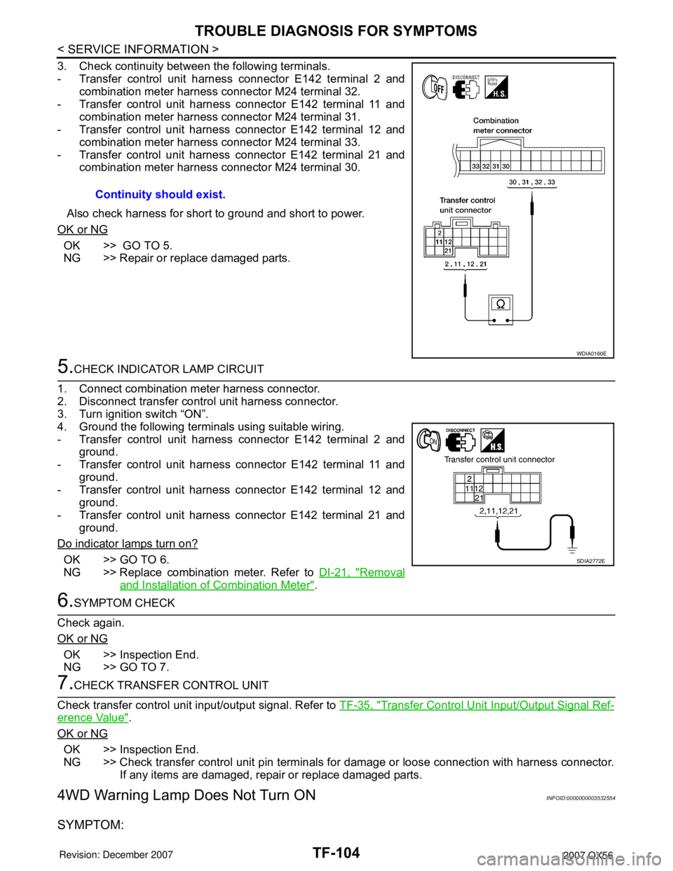 INFINITI QX56 2007 Factory Service Manual TF-104
< SERVICE INFORMATION >
TROUBLE DIAGNOSIS FOR SYMPTOMS
3. Check continuity between the following terminals.
- Transfer control unit harness connector E142 terminal 2 and
combination meter harne INFINITI QX56 2007 Factory Service Manual TF-104
< SERVICE INFORMATION >
TROUBLE DIAGNOSIS FOR SYMPTOMS
3. Check continuity between the following terminals.
- Transfer control unit harness connector E142 terminal 2 and
combination meter harne