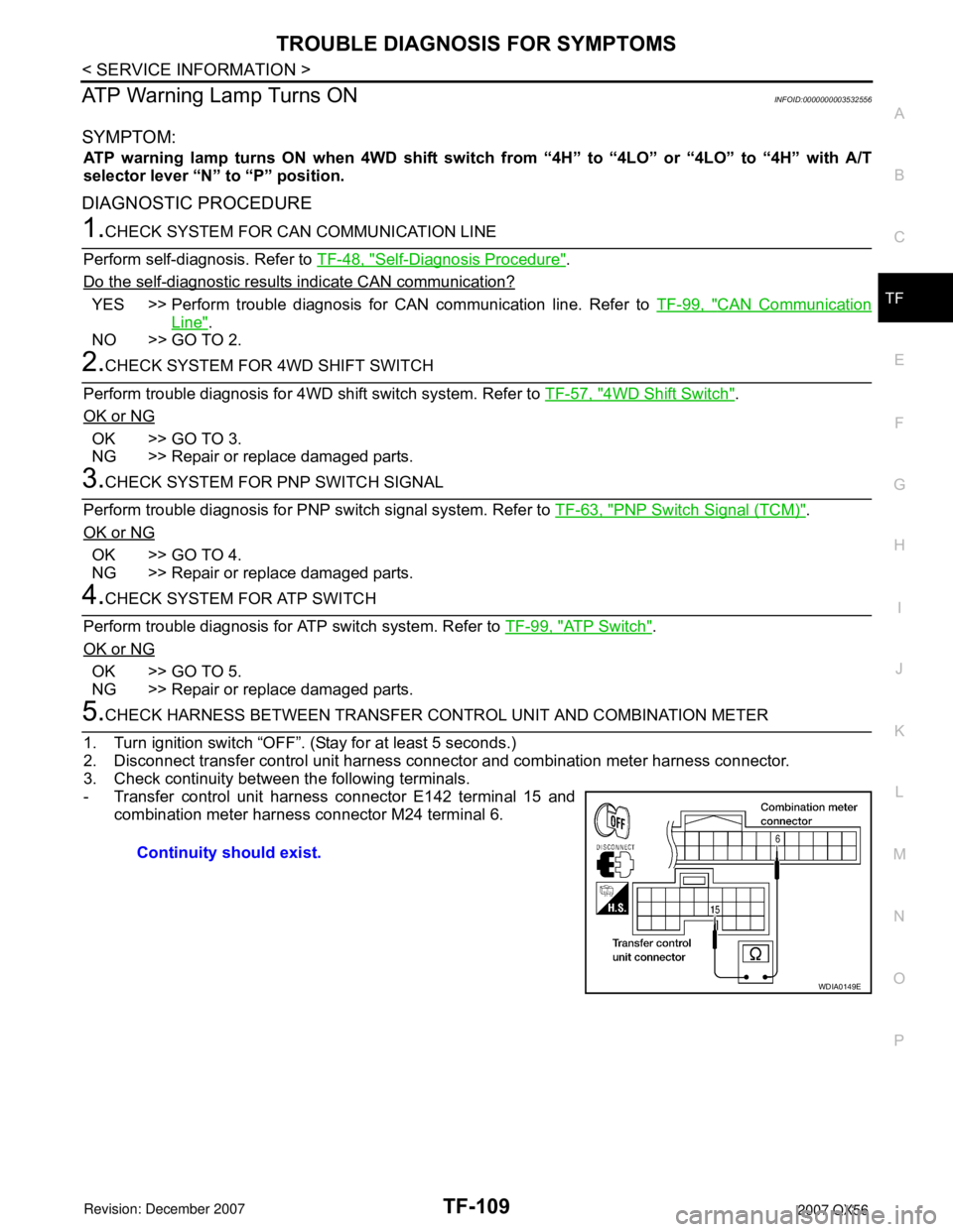 INFINITI QX56 2007 Factory Service Manual TROUBLE DIAGNOSIS FOR SYMPTOMS
TF-109
< SERVICE INFORMATION >
C
E
F
G
H
I
J
K
L
MA
B
TF
N
O
P
ATP Warning Lamp Turns ONINFOID:0000000003532556
SYMPTOM:
ATP warning lamp turns ON when 4WD shift switch INFINITI QX56 2007 Factory Service Manual TROUBLE DIAGNOSIS FOR SYMPTOMS
TF-109
< SERVICE INFORMATION >
C
E
F
G
H
I
J
K
L
MA
B
TF
N
O
P
ATP Warning Lamp Turns ONINFOID:0000000003532556
SYMPTOM:
ATP warning lamp turns ON when 4WD shift switch