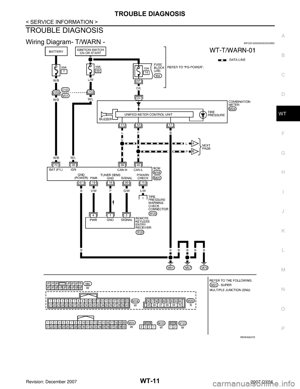 INFINITI QX56 2007  Factory Service Manual TROUBLE DIAGNOSIS
WT-11
< SERVICE INFORMATION >
C
D
F
G
H
I
J
K
L
MA
B
WT
N
O
P
TROUBLE DIAGNOSIS
Wiring Diagram- T/WARN -INFOID:0000000003532695
WEWA0047E 