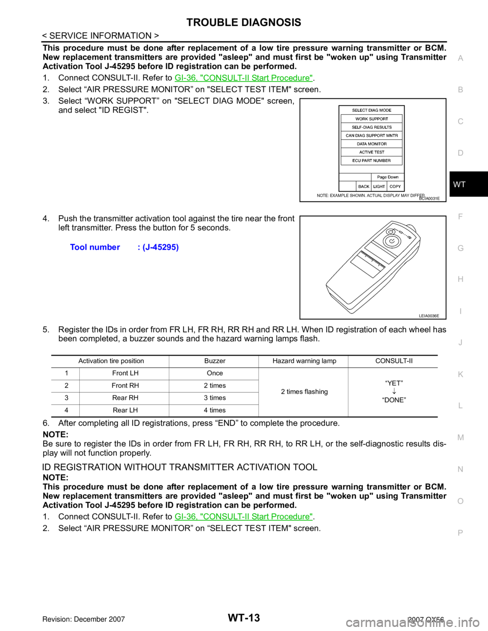 INFINITI QX56 2007  Factory Service Manual TROUBLE DIAGNOSIS
WT-13
< SERVICE INFORMATION >
C
D
F
G
H
I
J
K
L
MA
B
WT
N
O
P
This procedure must be done after replacement of a low tire pressure warning transmitter or BCM.
New replacement transmi