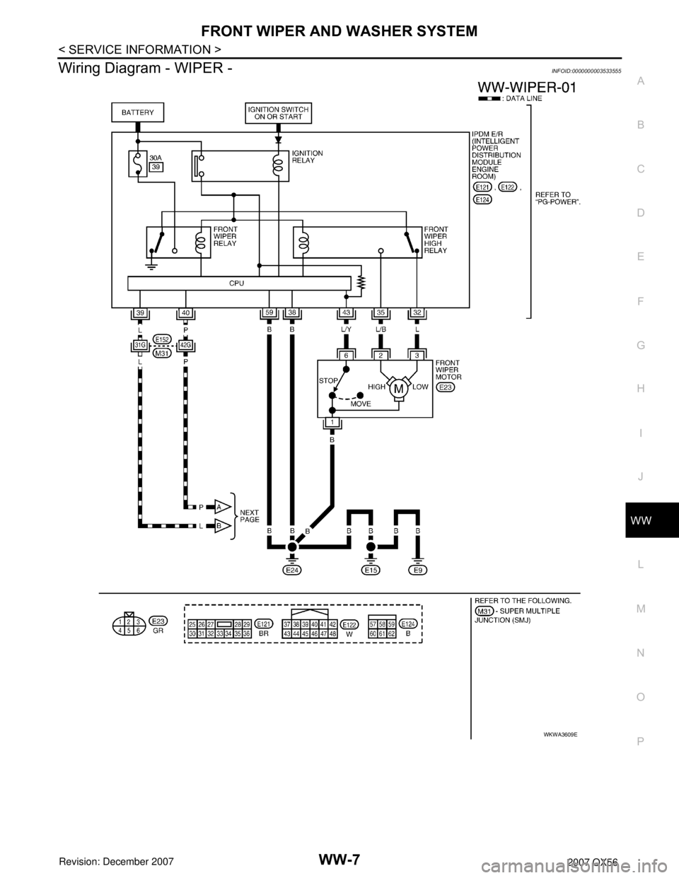 INFINITI QX56 2007  Factory Service Manual FRONT WIPER AND WASHER SYSTEM
WW-7
< SERVICE INFORMATION >
C
D
E
F
G
H
I
J
L
MA
B
WW
N
O
P
Wiring Diagram - WIPER -INFOID:0000000003533555
WKWA3609E 