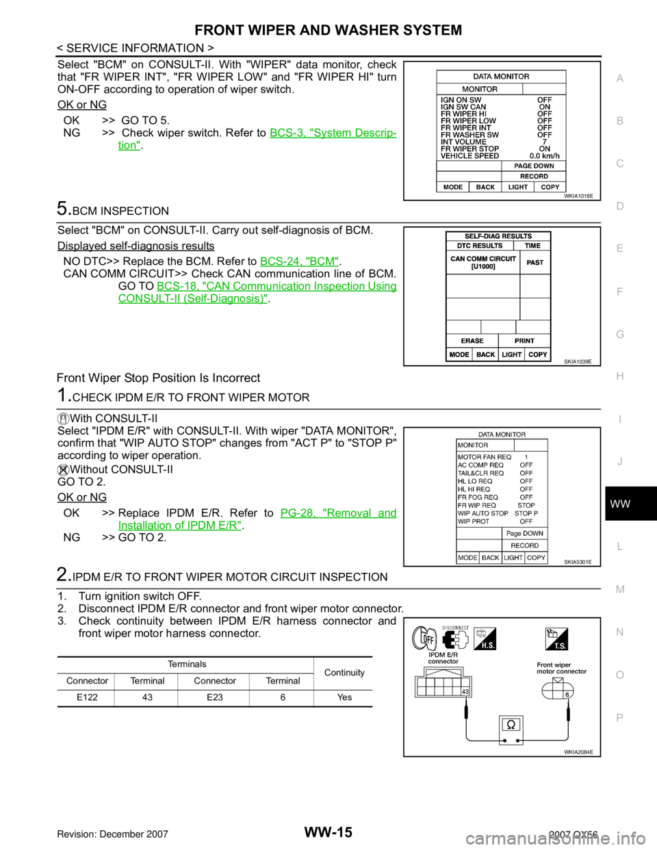 INFINITI QX56 2007  Factory Service Manual FRONT WIPER AND WASHER SYSTEM
WW-15
< SERVICE INFORMATION >
C
D
E
F
G
H
I
J
L
MA
B
WW
N
O
P
Select "BCM" on CONSULT-II. With "WIPER" data monitor, check
that "FR WIPER INT", "FR WIPER LOW" and "FR WIP