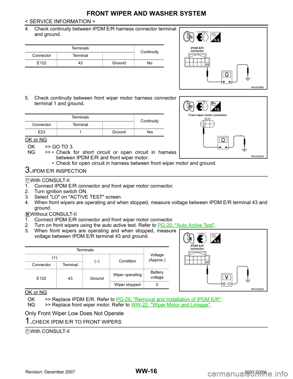 INFINITI QX56 2007 Factory Service Manual WW-16
< SERVICE INFORMATION >
FRONT WIPER AND WASHER SYSTEM
4. Check continuity between IPDM E/R harness connector terminal
and ground.
5. Check continuity between front wiper motor harness connector
INFINITI QX56 2007 Factory Service Manual WW-16
< SERVICE INFORMATION >
FRONT WIPER AND WASHER SYSTEM
4. Check continuity between IPDM E/R harness connector terminal
and ground.
5. Check continuity between front wiper motor harness connector