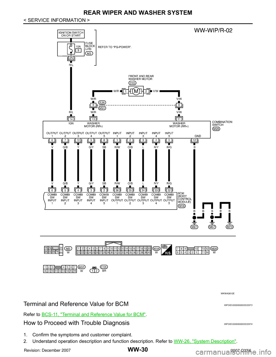 INFINITI QX56 2007  Factory Service Manual WW-30
< SERVICE INFORMATION >
REAR WIPER AND WASHER SYSTEM
Terminal and Reference Value for BCM
INFOID:0000000003533573
Refer to BCS-11, "Terminal and Reference Value for BCM".
How to Proceed with Tro