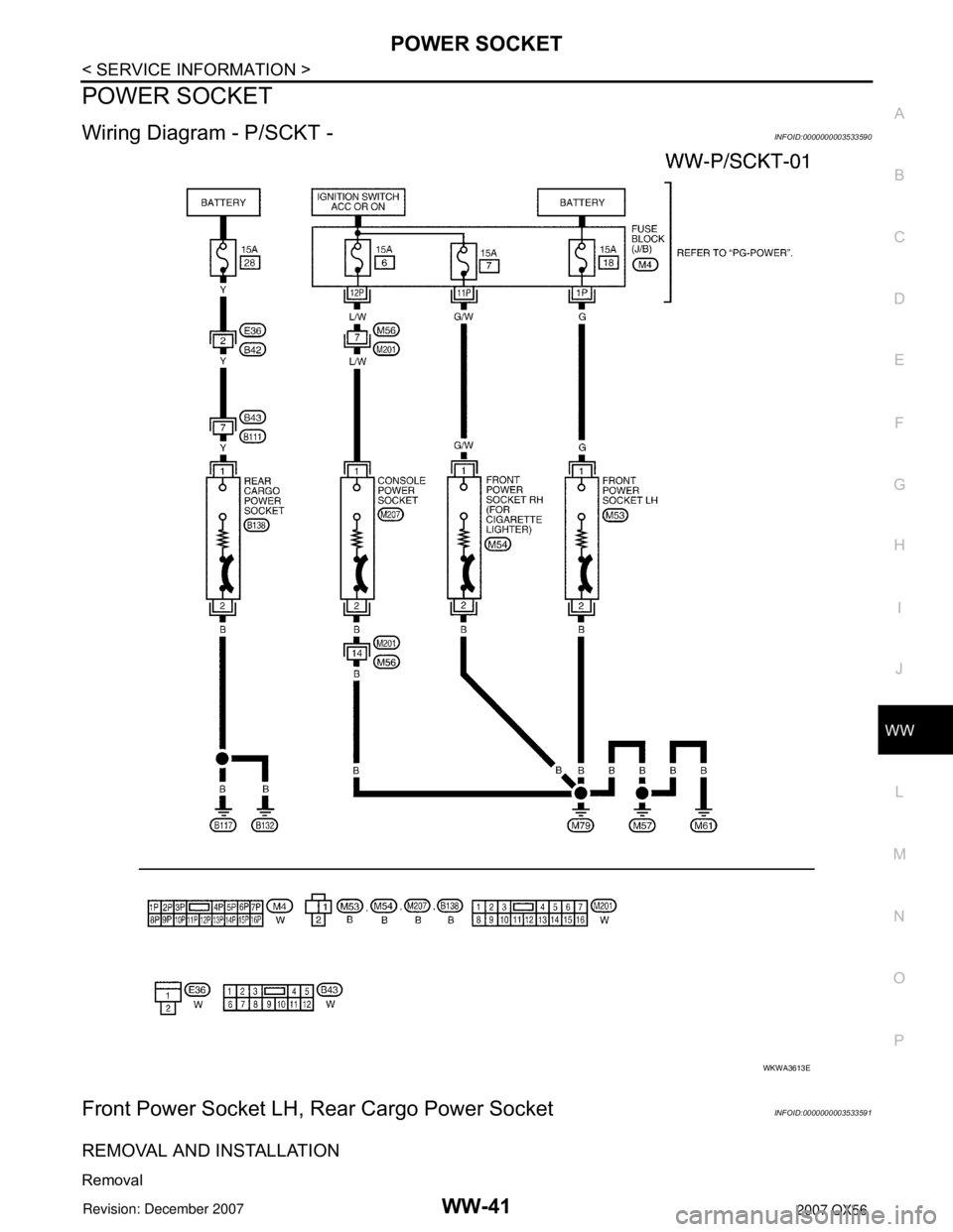 INFINITI QX56 2007  Factory Service Manual POWER SOCKET
WW-41
< SERVICE INFORMATION >
C
D
E
F
G
H
I
J
L
MA
B
WW
N
O
P
POWER SOCKET
Wiring Diagram - P/SCKT -INFOID:0000000003533590
Front Power Socket LH, Rear Cargo Power SocketINFOID:0000000003
