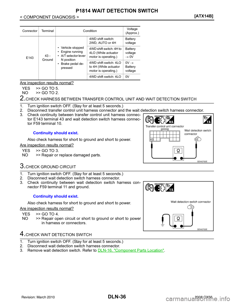INFINITI QX56 2008  Factory Service Manual DLN-36
< COMPONENT DIAGNOSIS >[ATX14B]
P1814 WAIT DETECTION SWITCH
Are inspection results normal?
YES  >> GO TO 5.
NO >> GO TO 2.
2.CHECK HARNESS BETWEEN TRANSFER CONT
ROL UNIT AND WAIT DETECTION SWIT