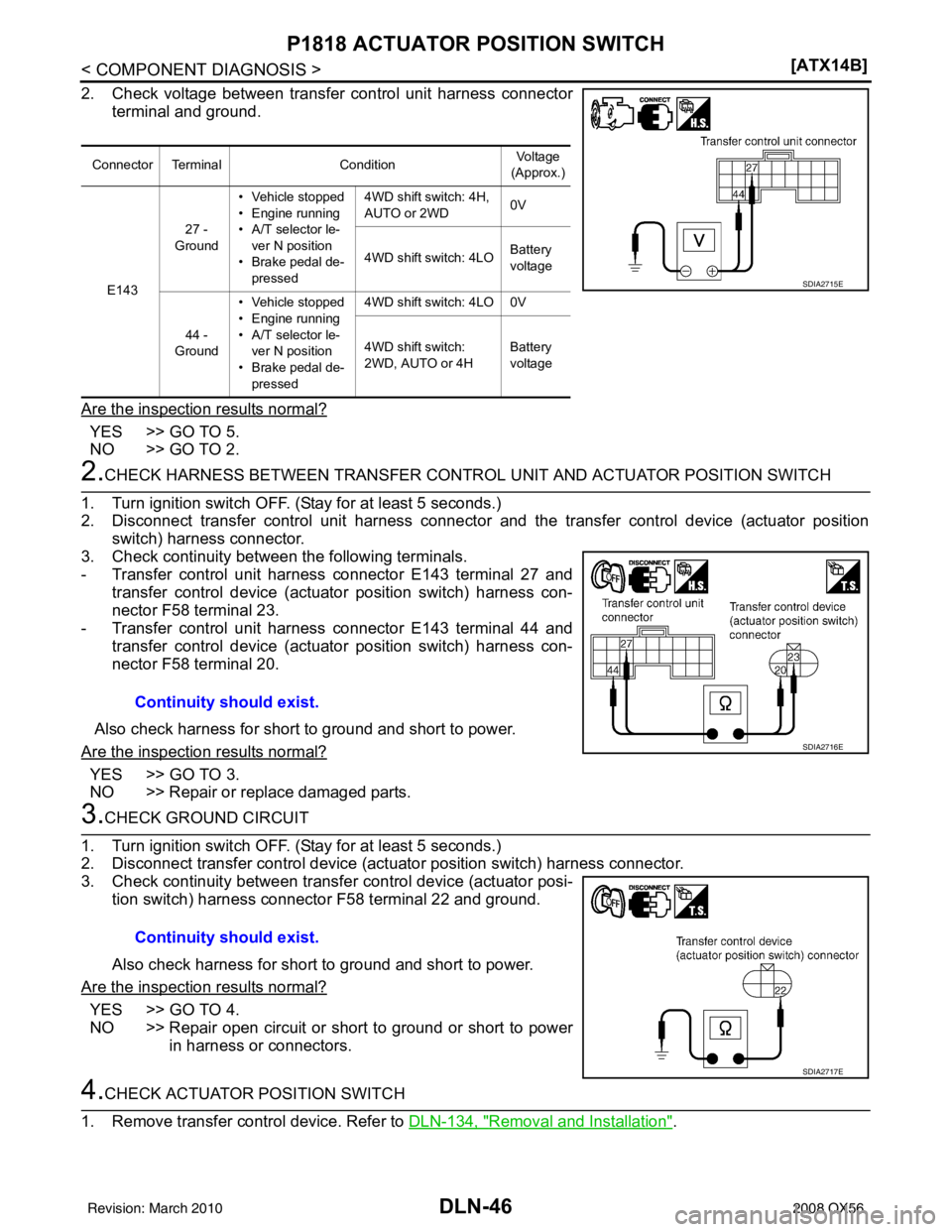 INFINITI QX56 2008  Factory Service Manual DLN-46
< COMPONENT DIAGNOSIS >[ATX14B]
P1818 ACTUATOR POSITION SWITCH
2. Check voltage between transfer control unit harness connector
terminal and ground.
Are the inspection results normal?
YES  >> G