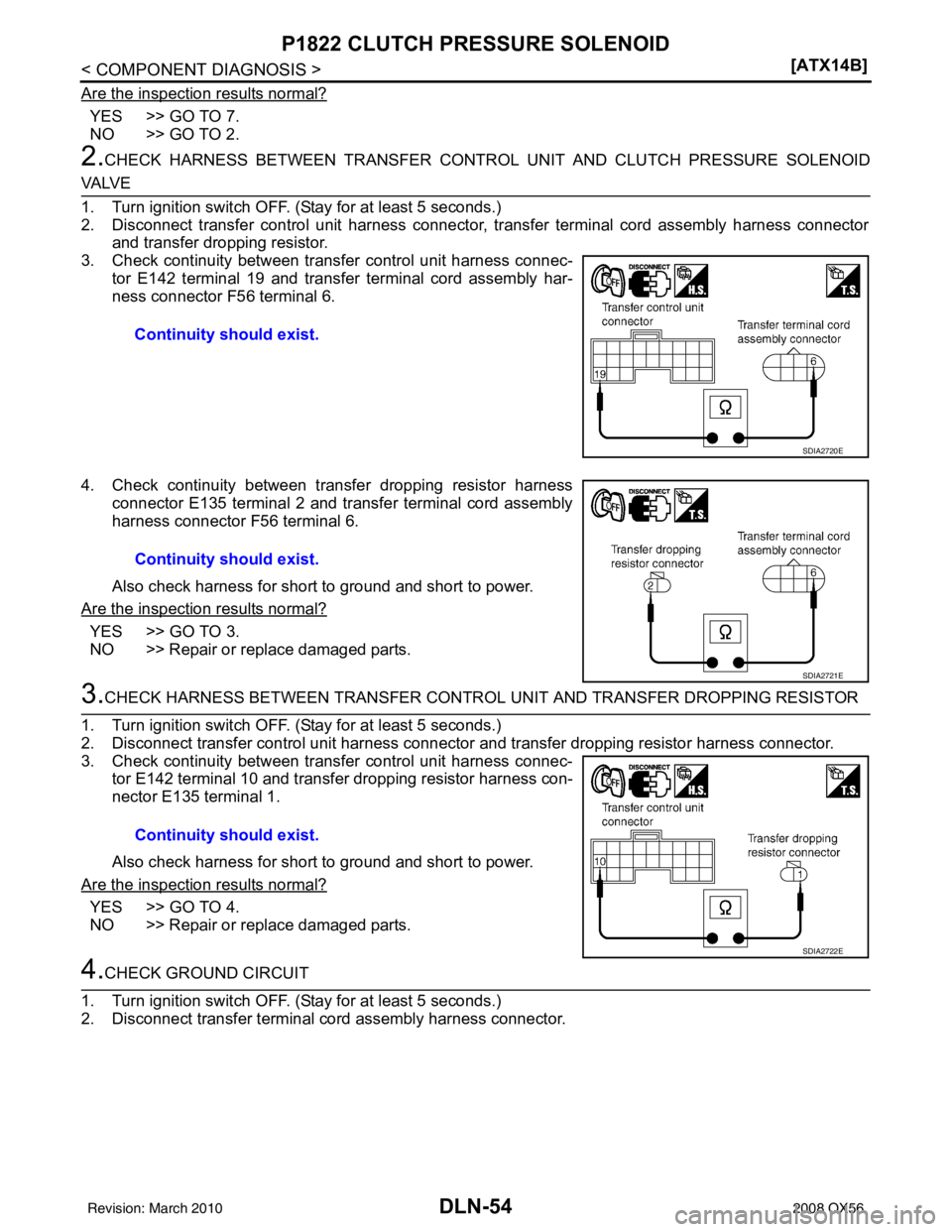 INFINITI QX56 2008  Factory Service Manual DLN-54
< COMPONENT DIAGNOSIS >[ATX14B]
P1822 CLUTCH PRESSURE SOLENOID
Are the inspection results normal?
YES  >> GO TO 7.
NO >> GO TO 2.
2.CHECK HARNESS BETWEEN TRANSFER CONT
ROL UNIT AND CLUTCH PRESS