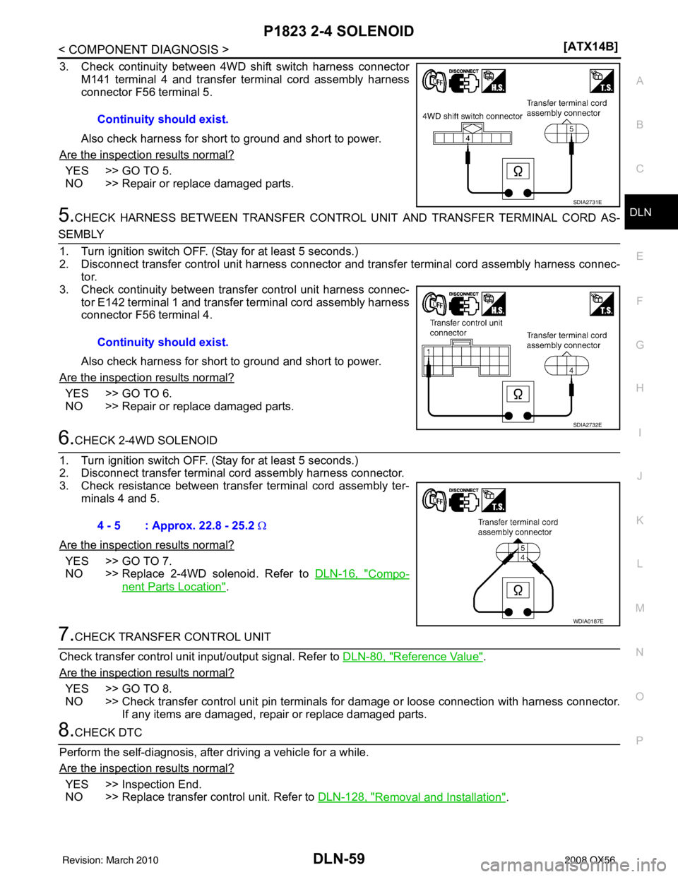 INFINITI QX56 2008  Factory Service Manual P1823 2-4 SOLENOIDDLN-59
< COMPONENT DIAGNOSIS > [ATX14B]
C
EF
G H
I
J
K L
M A
B
DLN
N
O P
3. Check continuity between 4WD shift switch harness connector M141 terminal 4 and transfer terminal cord ass