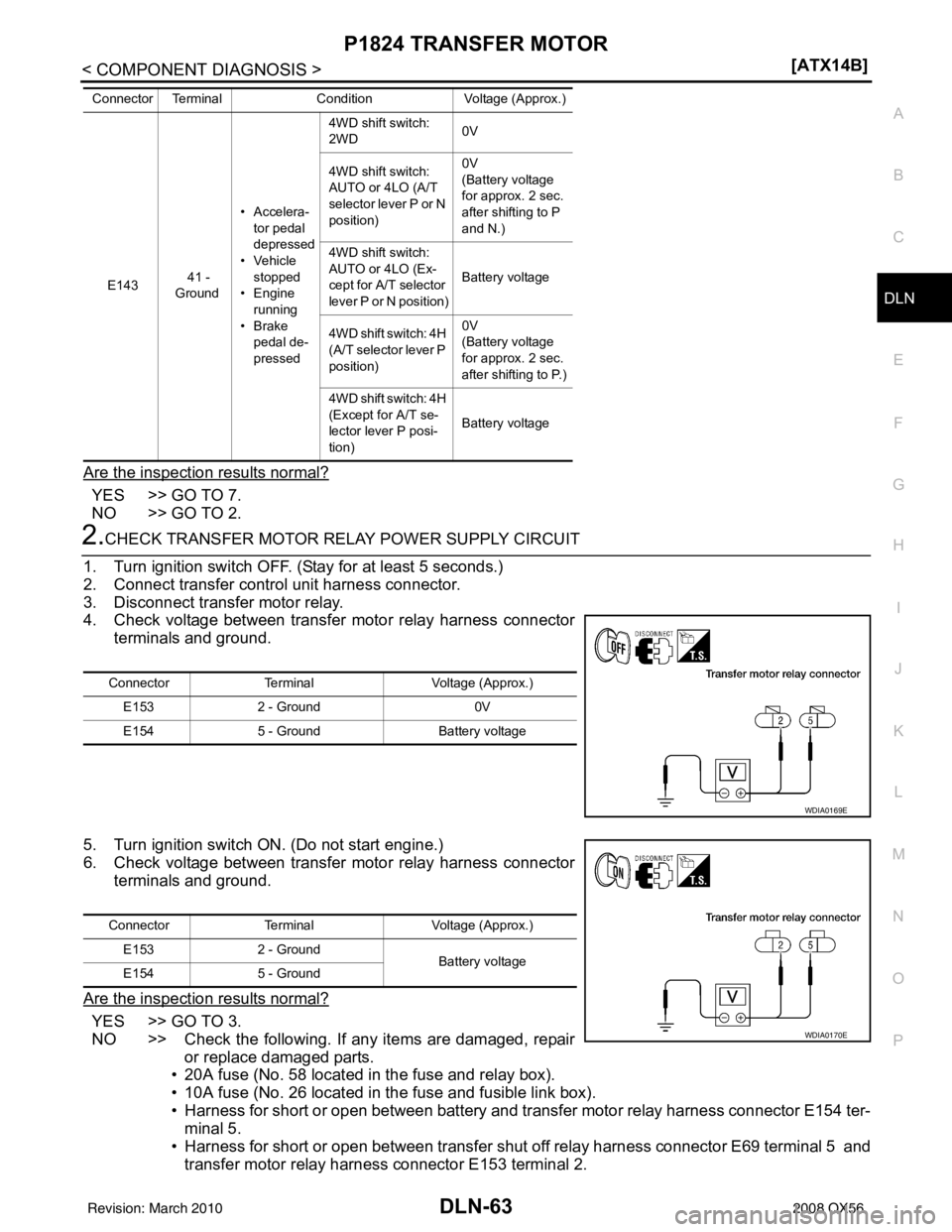 INFINITI QX56 2008  Factory Service Manual P1824 TRANSFER MOTORDLN-63
< COMPONENT DIAGNOSIS > [ATX14B]
C
EF
G H
I
J
K L
M A
B
DLN
N
O P
Are the inspection results normal?
YES  >> GO TO 7.
NO >> GO TO 2.
2.CHECK TRANSFER MOTOR RELAY POWER SUPPL