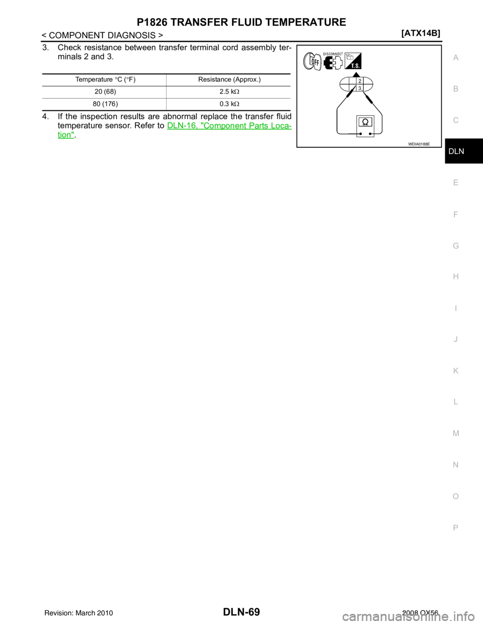 INFINITI QX56 2008  Factory Service Manual P1826 TRANSFER FLUID TEMPERATUREDLN-69
< COMPONENT DIAGNOSIS > [ATX14B]
C
EF
G H
I
J
K L
M A
B
DLN
N
O P
3. Check resistance between transfer terminal cord assembly ter- minals 2 and 3.
4. If the insp