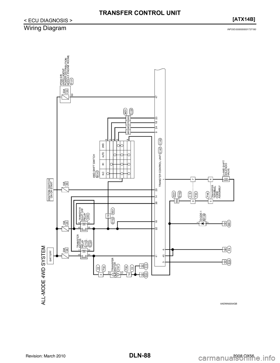 INFINITI QX56 2008  Factory Service Manual DLN-88
< ECU DIAGNOSIS >[ATX14B]
TRANSFER CONTROL UNIT
Wiring Diagram
INFOID:0000000001737180
AADWA0054GB
Revision: March 2010 2008 QX56 